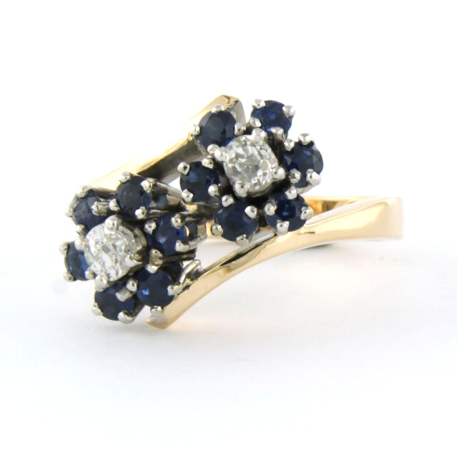 Old Mine Cut 14k yellow gold ring set with sapphire and old mine cut diamond up to 0.40ct For Sale