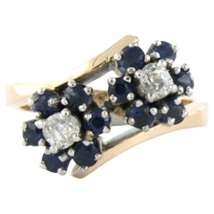Retro 14k yellow gold ring set with sapphire and old mine cut diamond up to 0.40ct