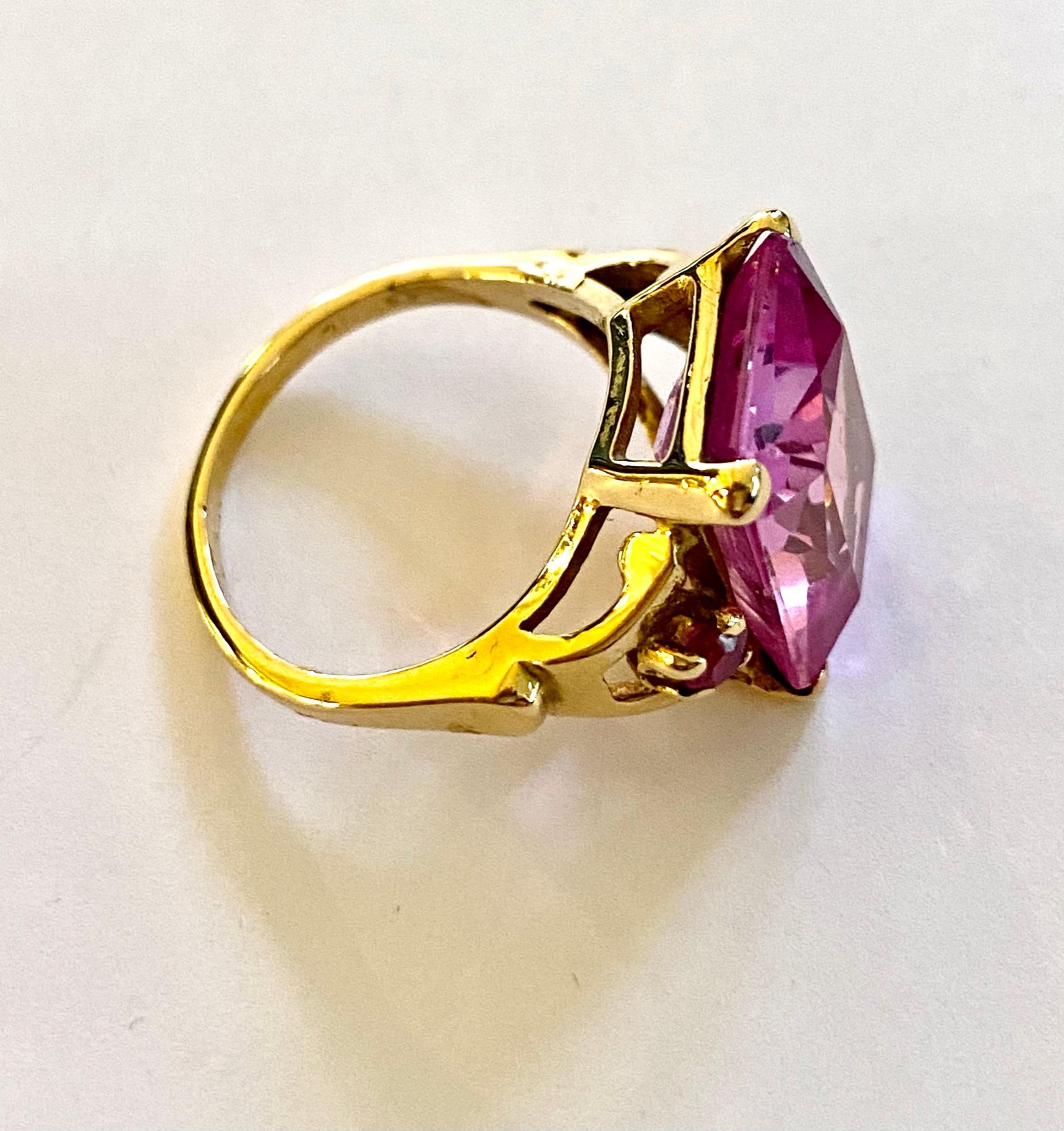 Radiant Cut 14 Karat Yellow Gold Ring, Set with Synthetic Pink Sapphire and 2 Synthetic Ruby