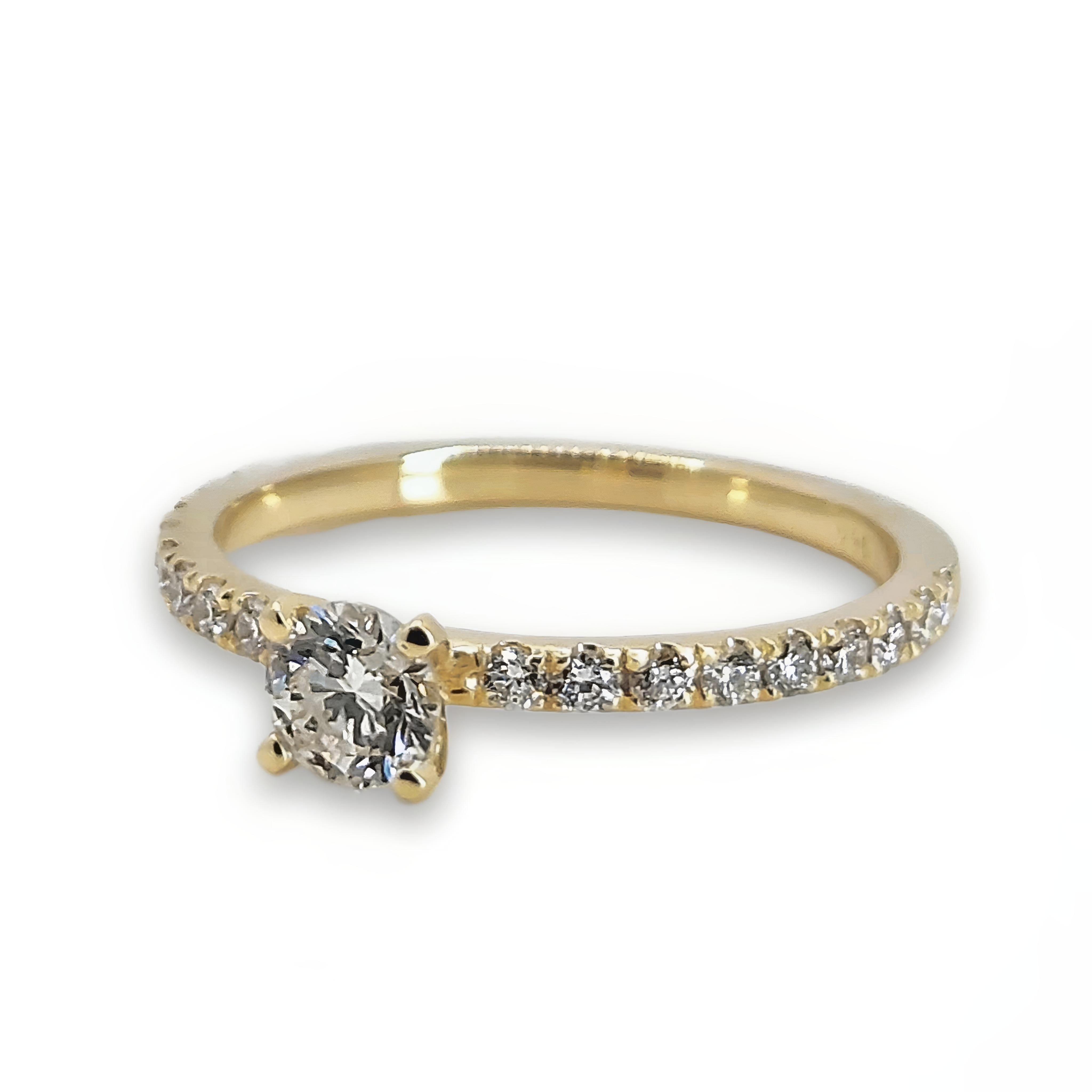 Brilliant Cut 14K Yellow Gold Ring with 0.3CT Natural Diamond and 0.25CT Diamond Accent Band For Sale