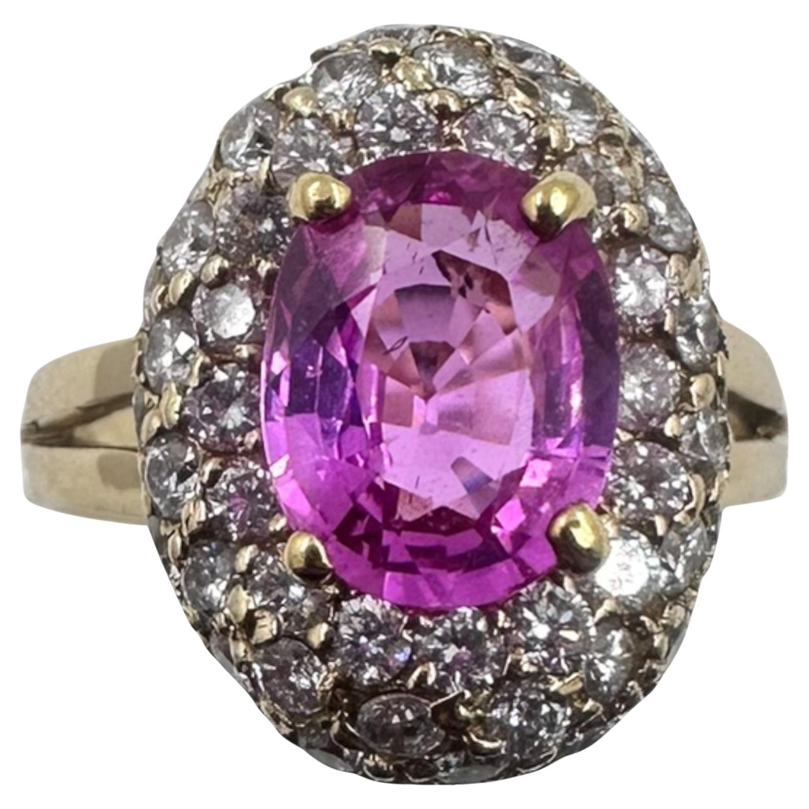 14K Yellow Gold Ring with 1.50 Ct. Pink Sapphire and Diamonds. (Size 6.25) For Sale