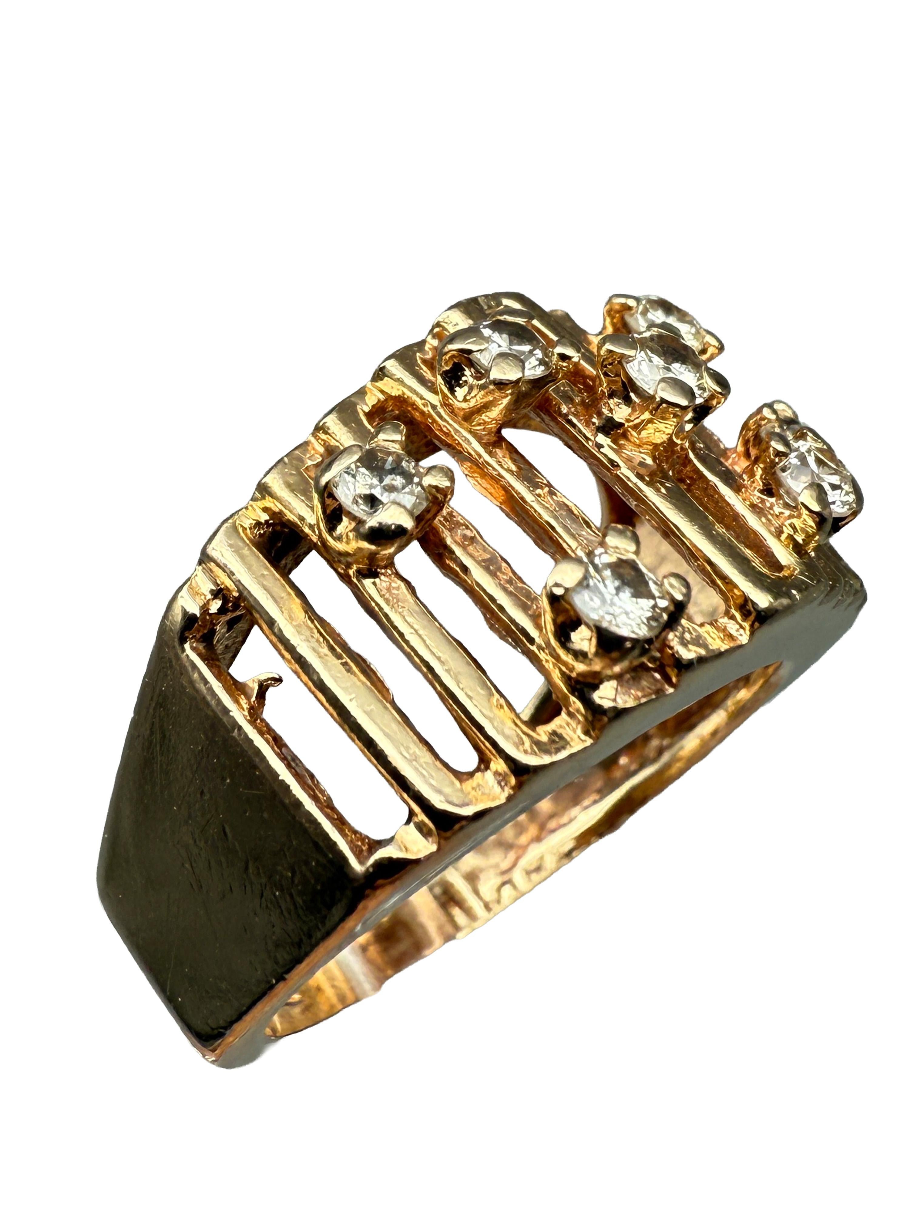 Rétro Bague en or jaune 14K avec 7 diamants de taille Brilliante en vente