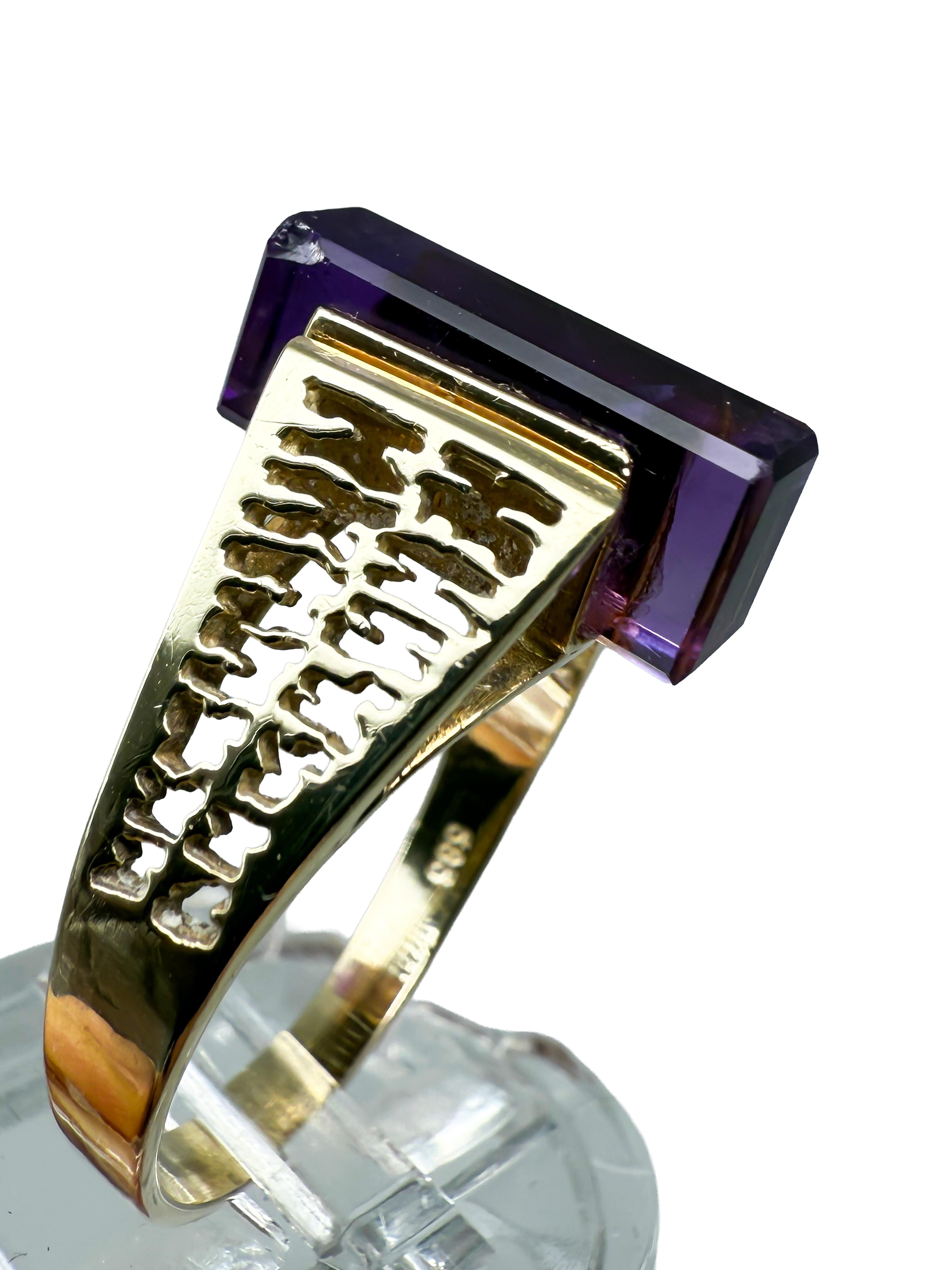 Questo squisito anello in oro giallo a 14 carati combina l'eleganza classica con un tocco moderno. L'anello è in ottime condizioni d'uso e colpisce per la sua impeccabile fattura e il suo design armonioso. Il pezzo forte dell'opera è l'ametista