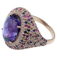 14K Yellow Gold Ring with Amethyst, Diamonds and Multi-Colored Sapphires