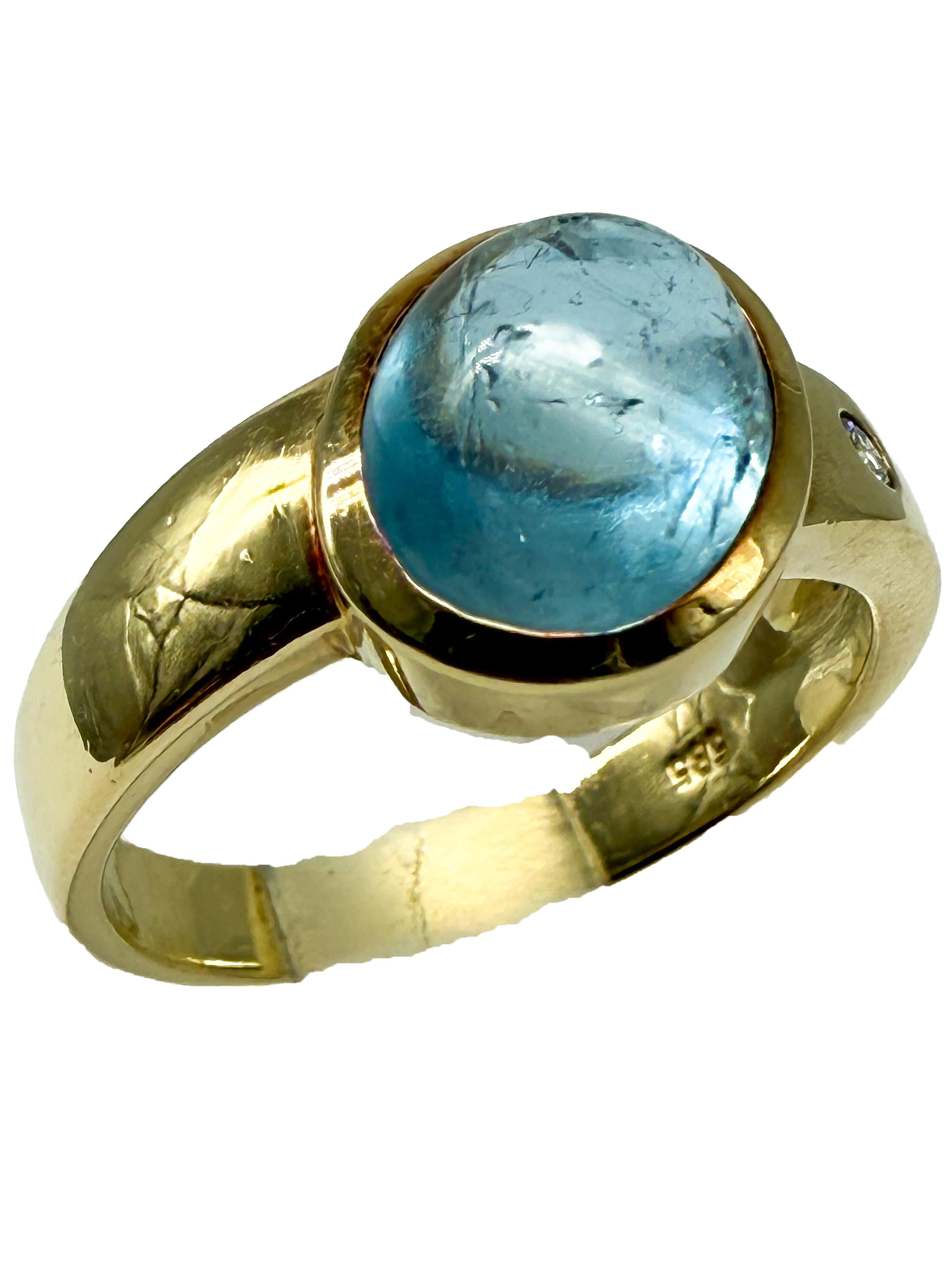 14K Yellow Gold Ring with Aquamarine & Diamonds (Cabochon) im Angebot