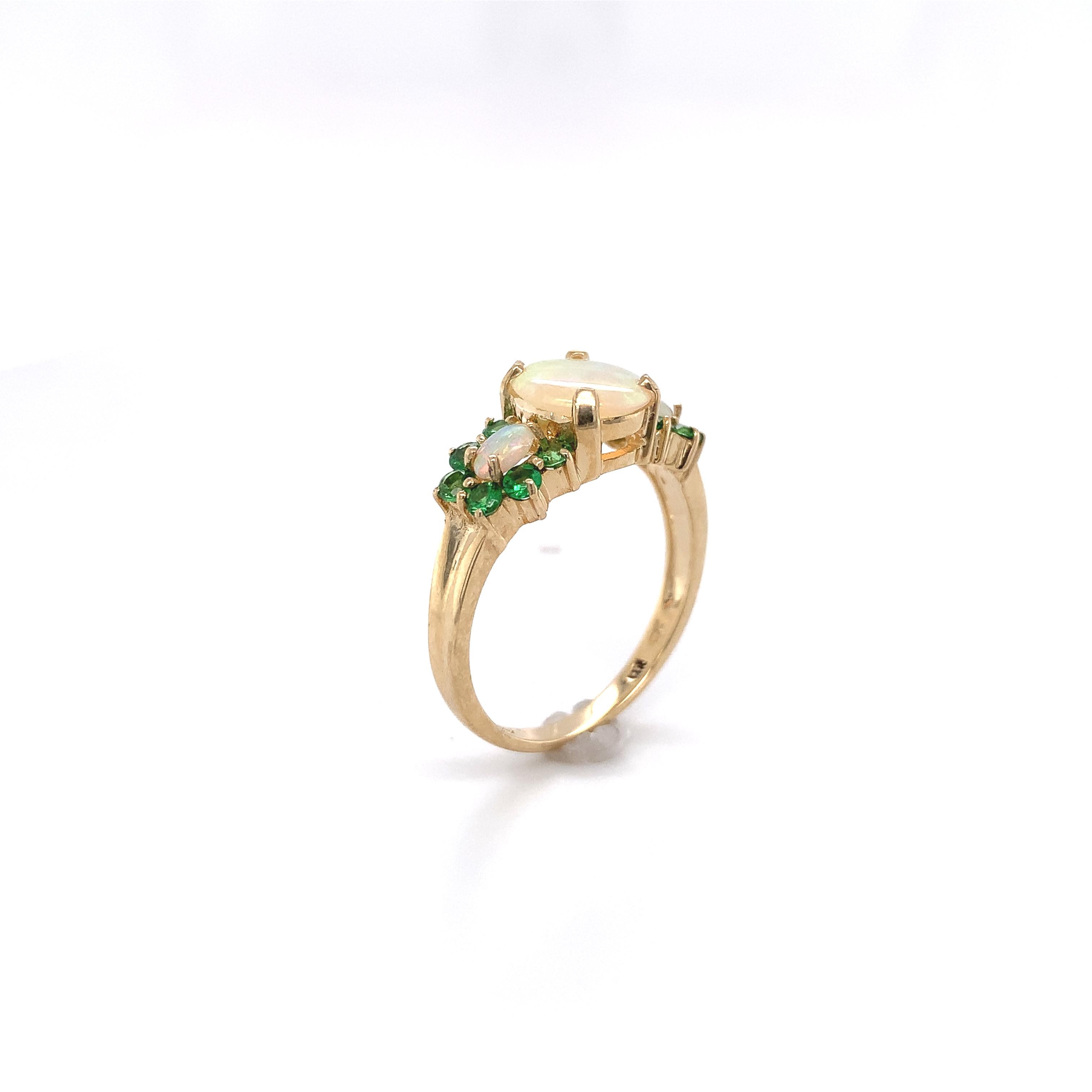 Contemporary 14K Yellow Gold Ring with Australian Opals & Green Tsavorite Garnets For Sale