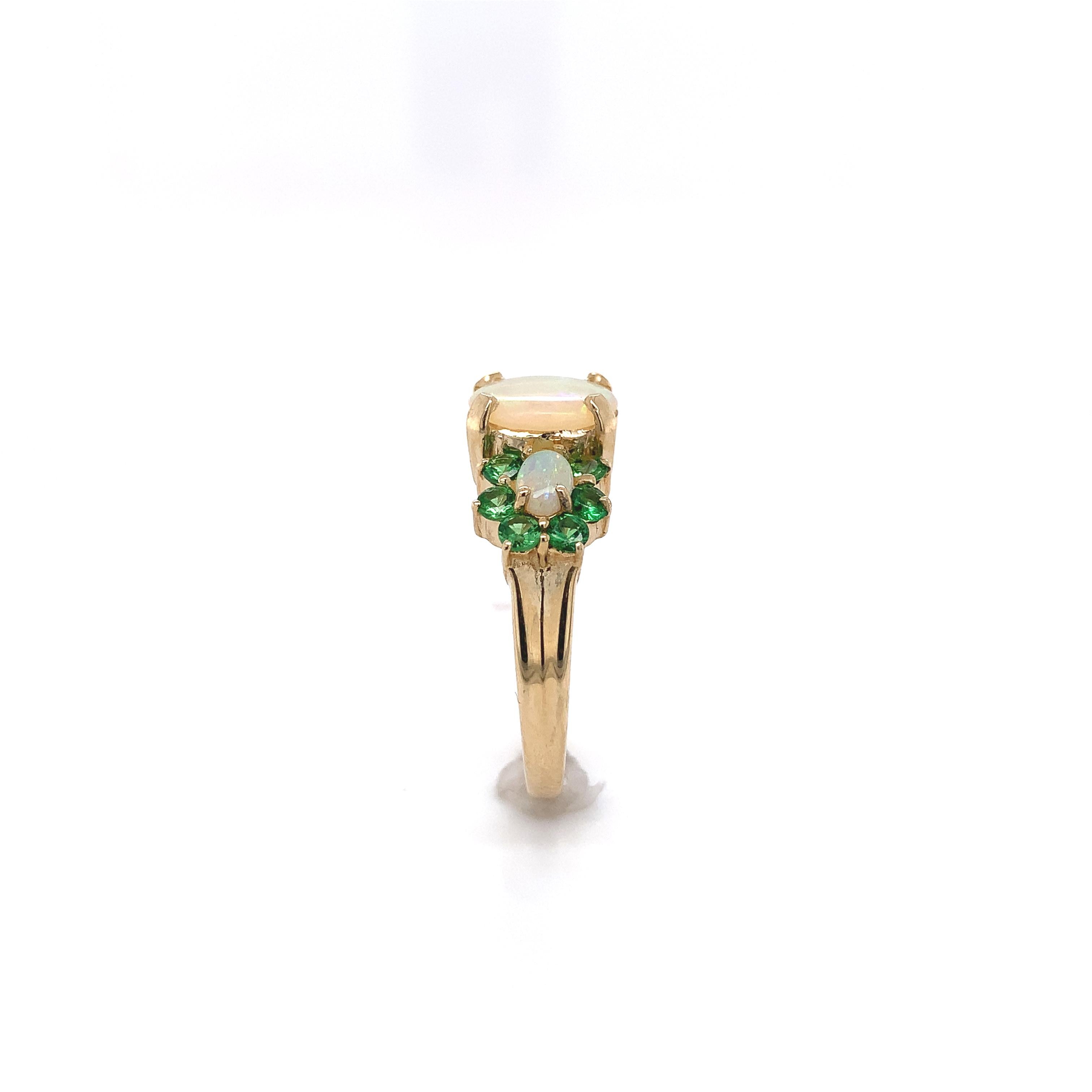 Oval Cut 14K Yellow Gold Ring with Australian Opals & Green Tsavorite Garnets For Sale
