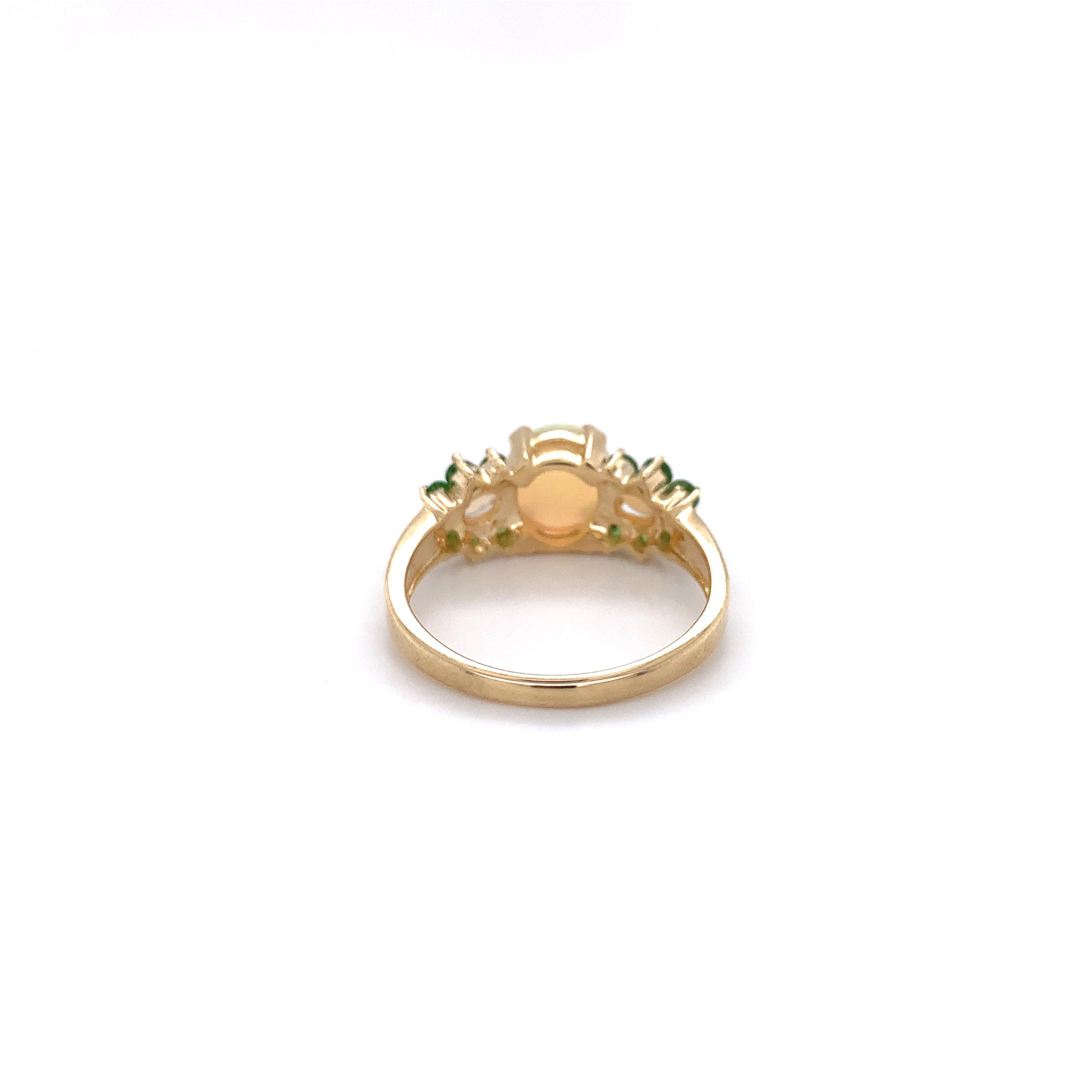 14K Yellow Gold Ring with Australian Opals & Green Tsavorite Garnets In Good Condition For Sale In Big Bend, WI