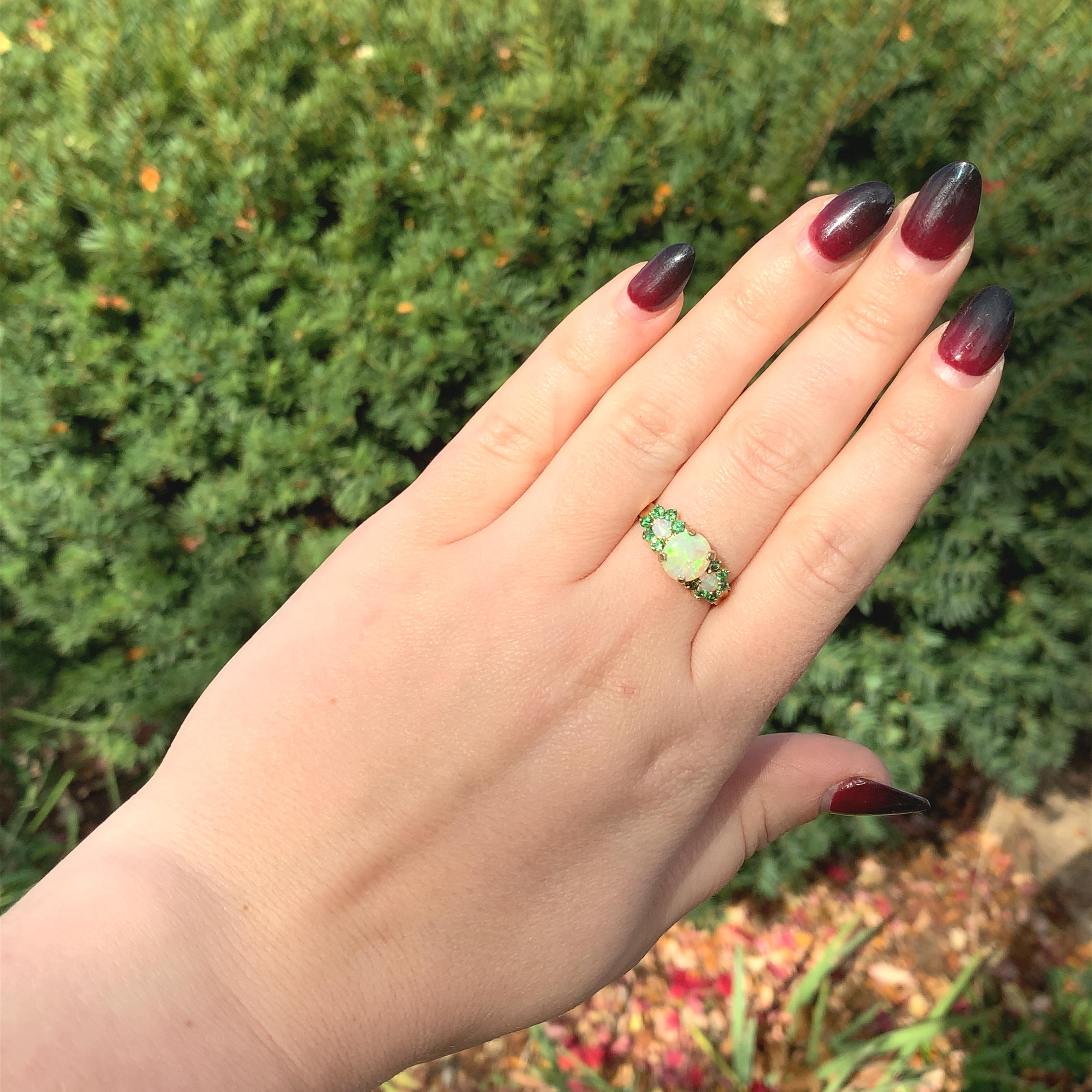 Women's 14K Yellow Gold Ring with Australian Opals & Green Tsavorite Garnets For Sale