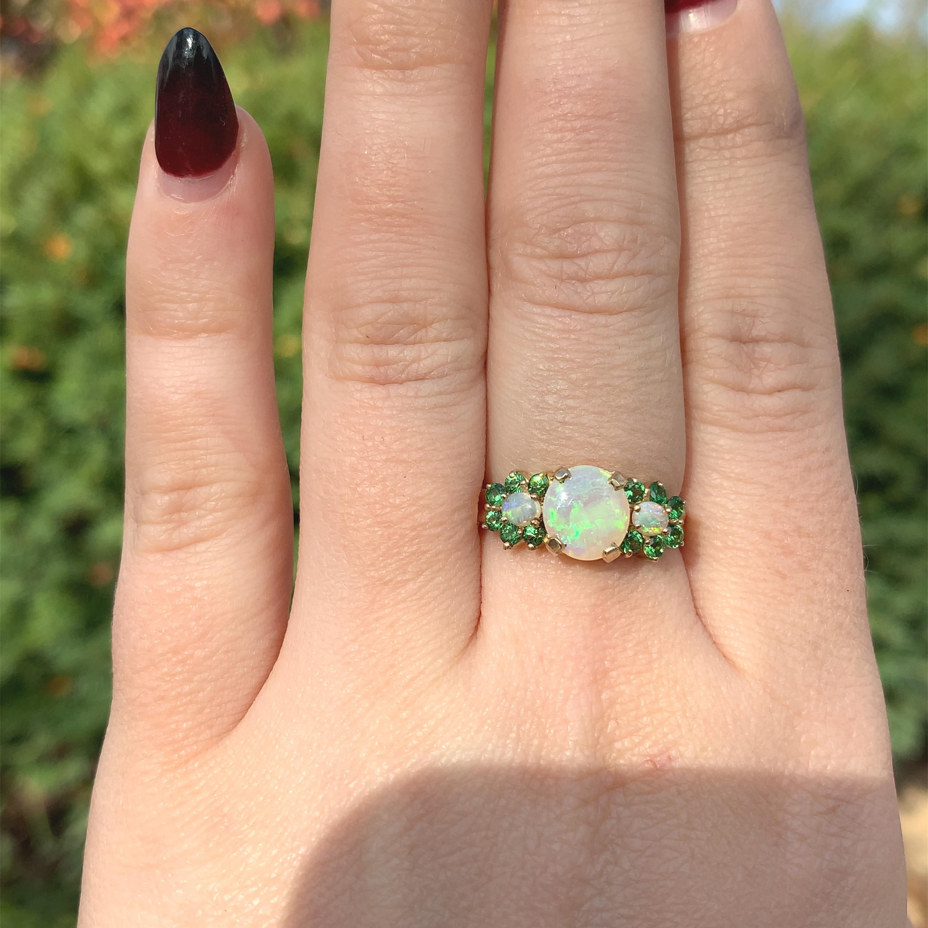 14K Yellow Gold Ring with Australian Opals & Green Tsavorite Garnets For Sale 1