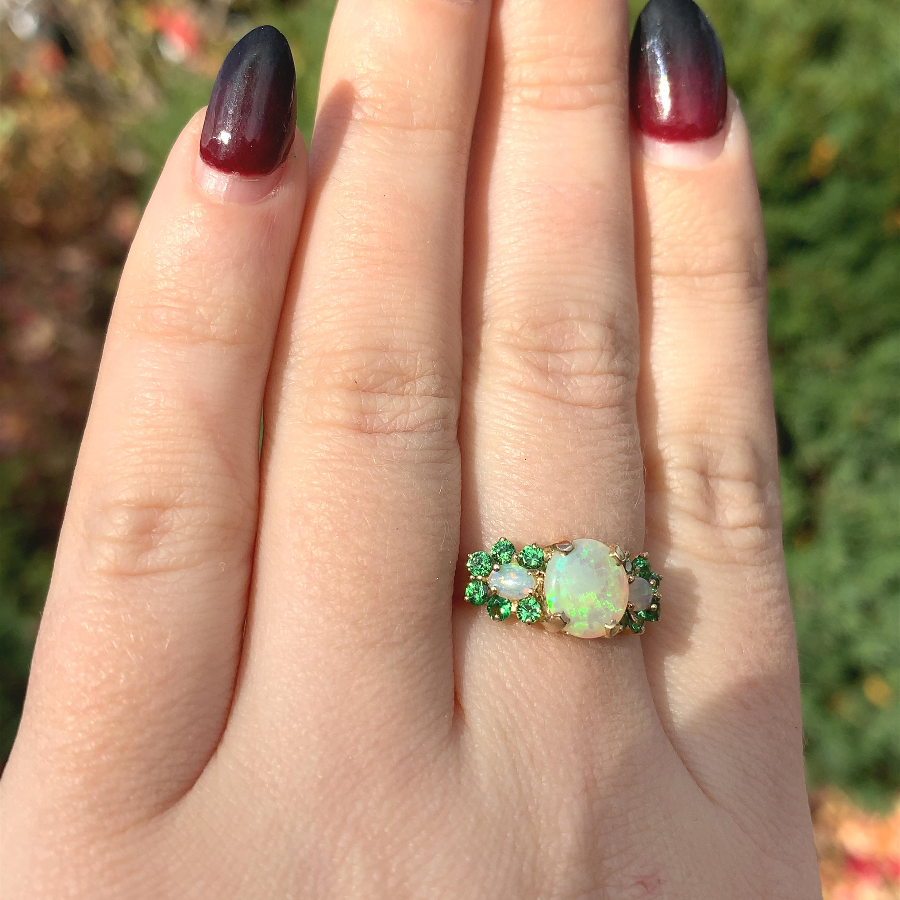 14K Yellow Gold Ring with Australian Opals & Green Tsavorite Garnets For Sale 2