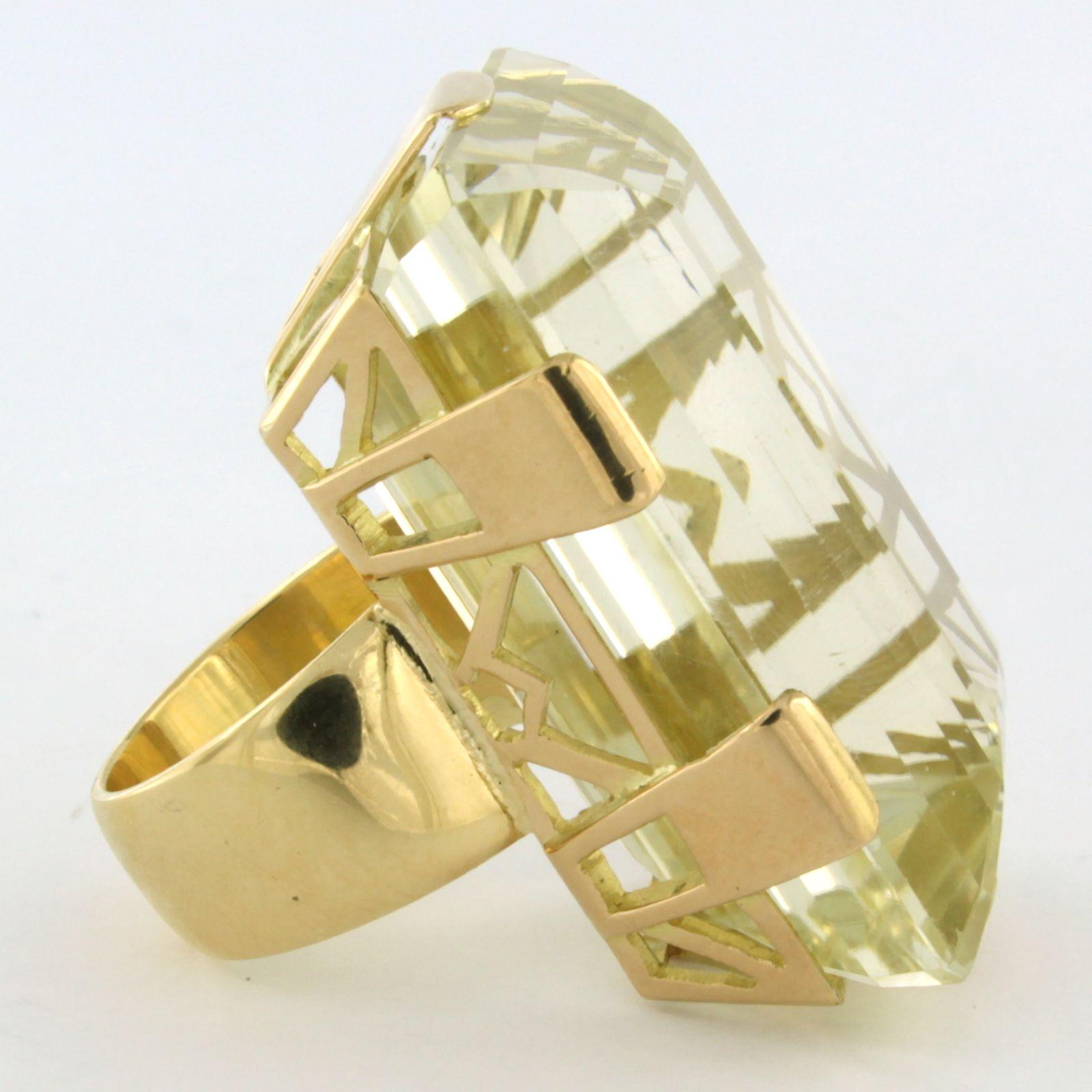 14k yellow gold ring set with a citrine 110.0ct - ring size US. 6 – EU. 16.5(52)

detailed description:

The top of the ring is in a rectangle shape 4.0 cm by 2.8 cm wide by 1.8 cm high

Ring size US 6 – EU. 16.5(52), ring can be enlarged or reduced