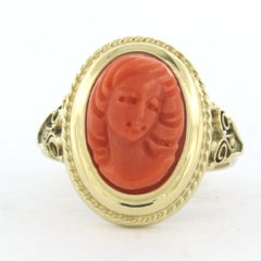 14k yellow gold ring with coral - 4.6 grams - ring size US 7.5 - EU 17.75 (56)
