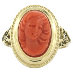 14k yellow gold ring with coral - 4.6 grams - ring size US 7.5 - EU 17.75 (56)
