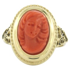 14k yellow gold ring with coral - 4.6 grams - ring size US 7.5 - EU 17.75 (56)