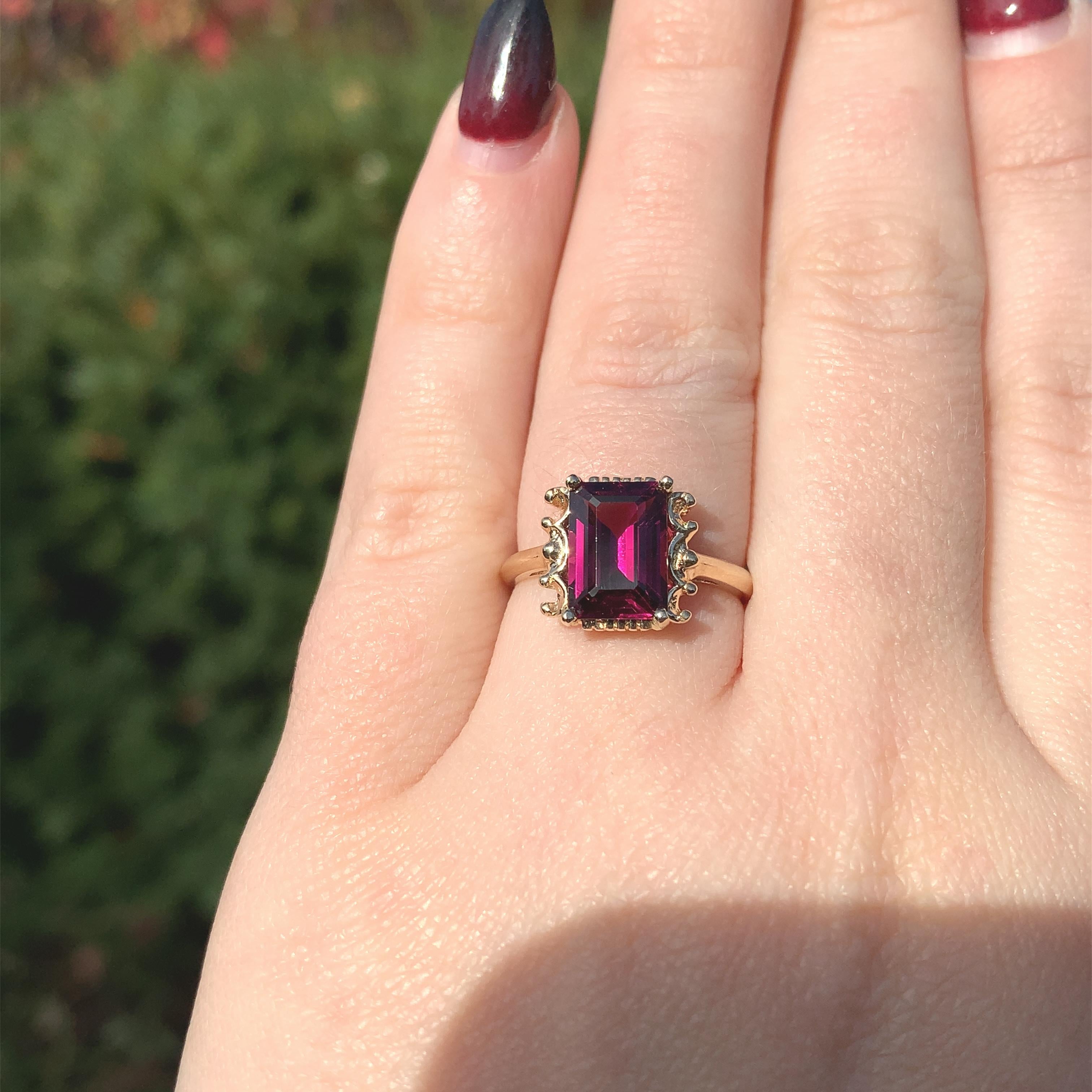 For Sale:  14K Yellow Gold Ring with Emerald Cut 3.51 carat Rhodolite Garnet 7