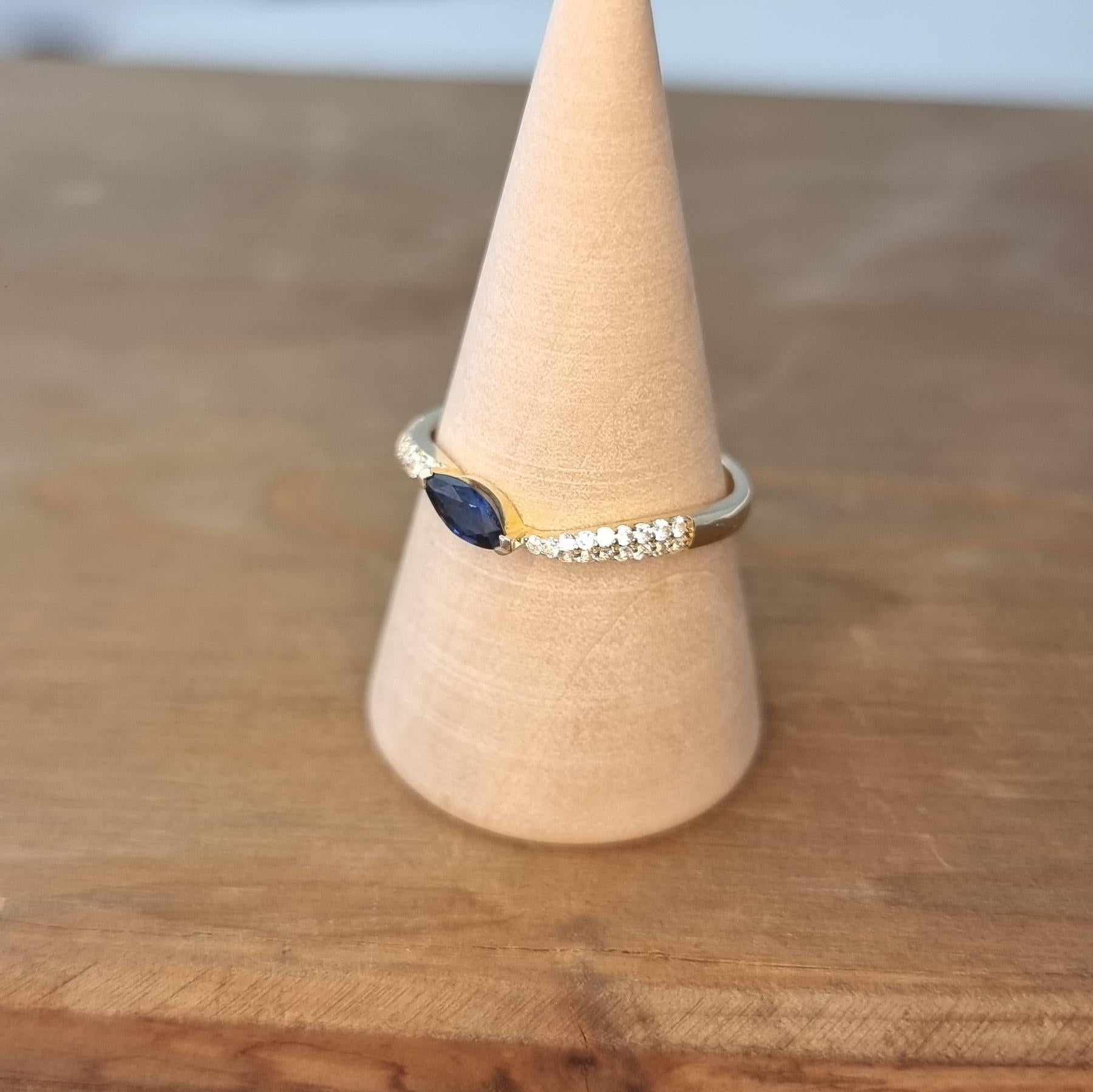 14K Yellow Gold Ring with Marquise Blue Sapphire and White Sapphires on Shank For Sale 1