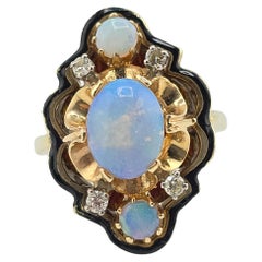 Vintage 14K Yellow Gold Ring With Natural Opals & Diamonds 8.42 Grams