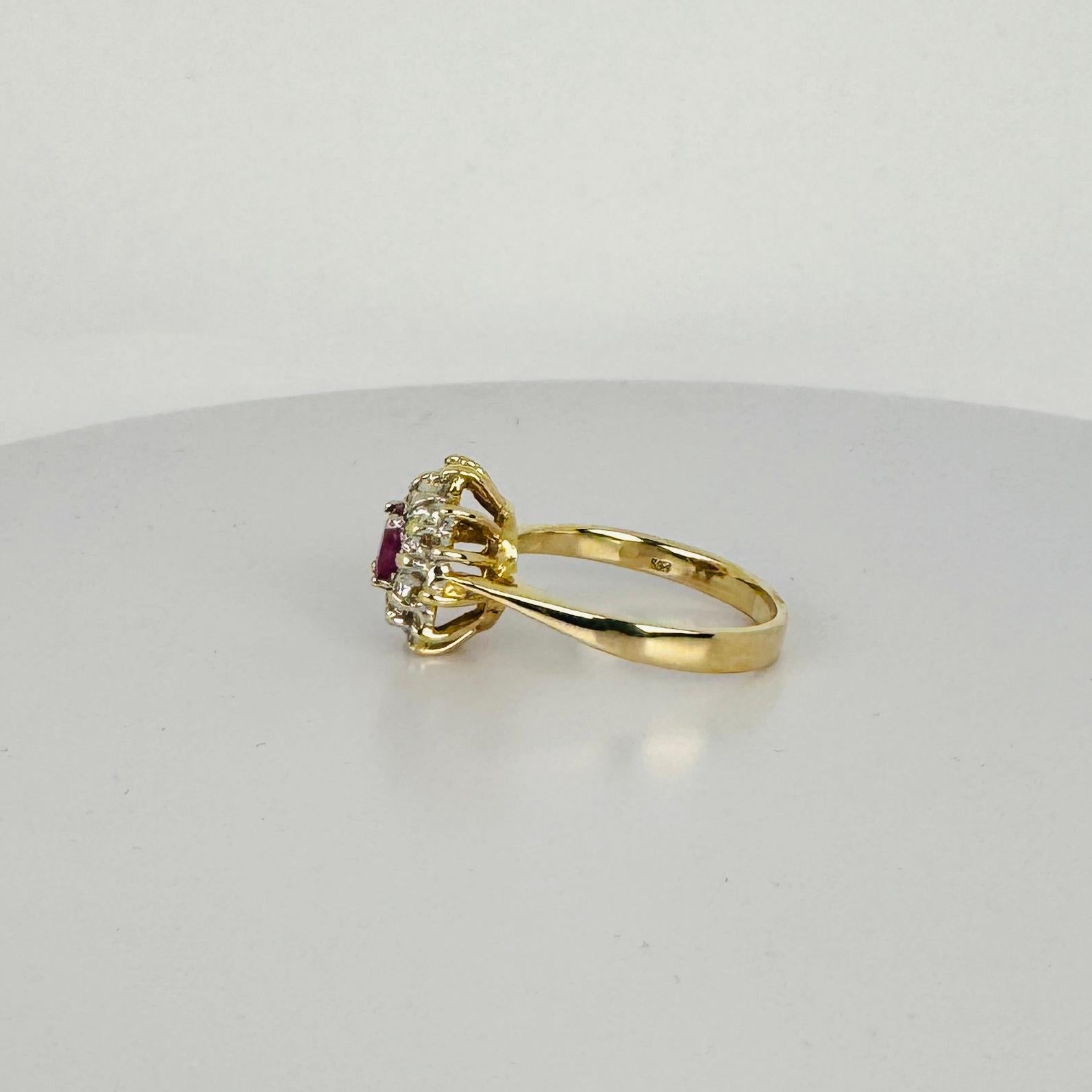 Women's 14k yellow gold ring with oval cut natural ruby and 24 brilliant cut diamonds For Sale