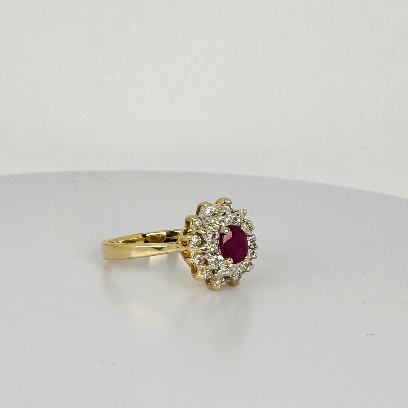 14k yellow gold ring with oval cut natural ruby and 24 brilliant cut diamonds For Sale 3
