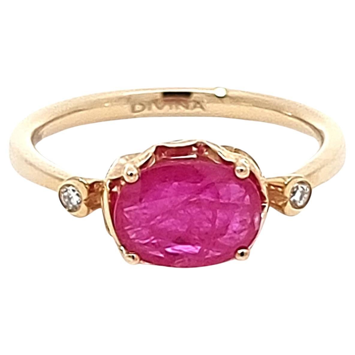 14K Yellow Gold Ring with Oval Ruby and Two White Diamonds on the Side For Sale