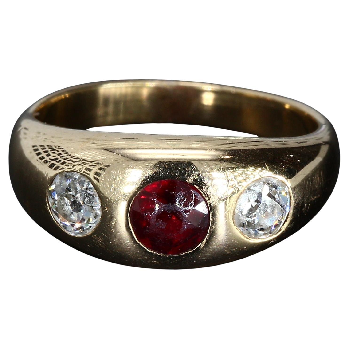 14k Yellow Gold Ring with Red Garnet Center
Two Bezel Set Diamonds - Size 6.25