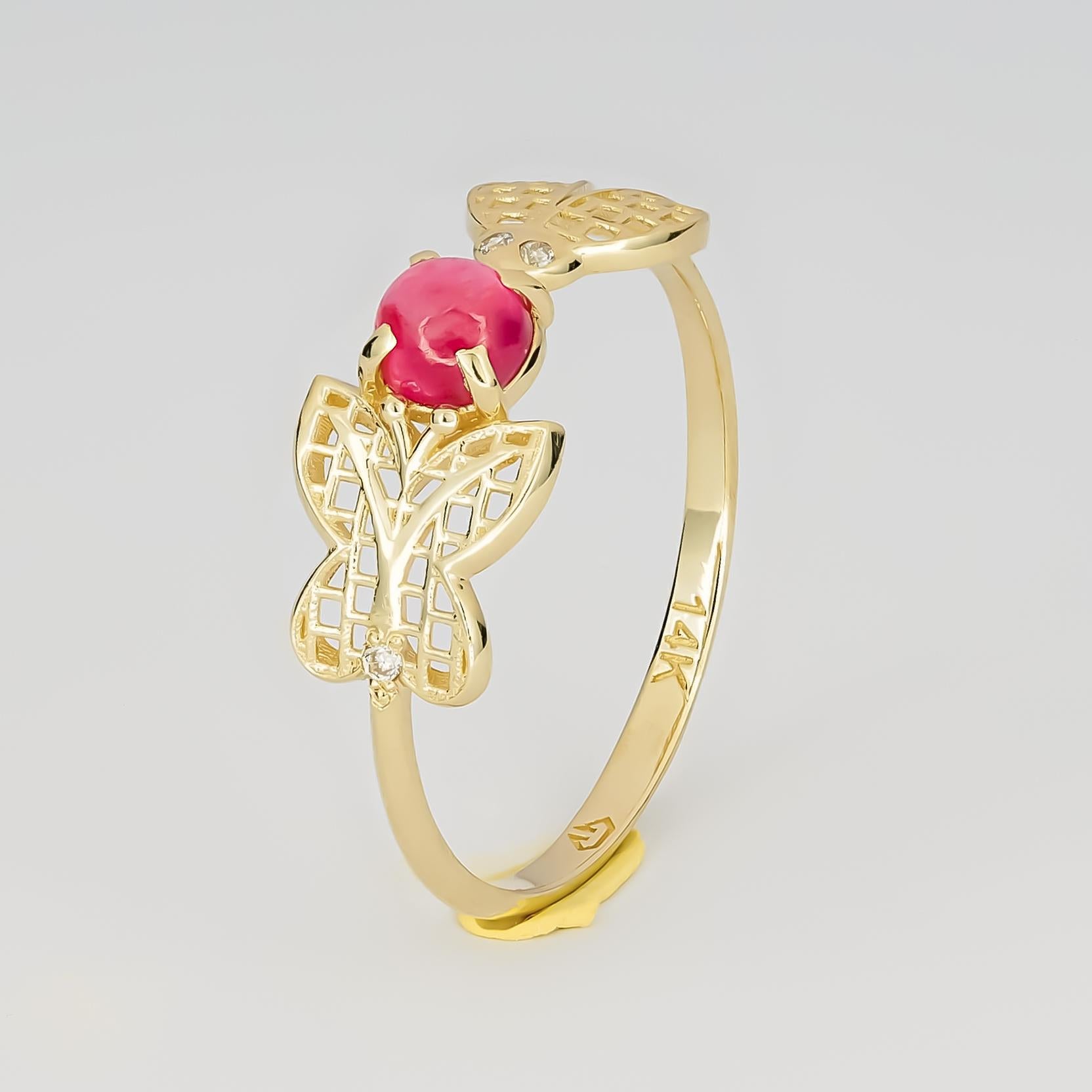 14 Karat Gold Ring with Ruby and Diamonds. July birthstone ruby ring 1