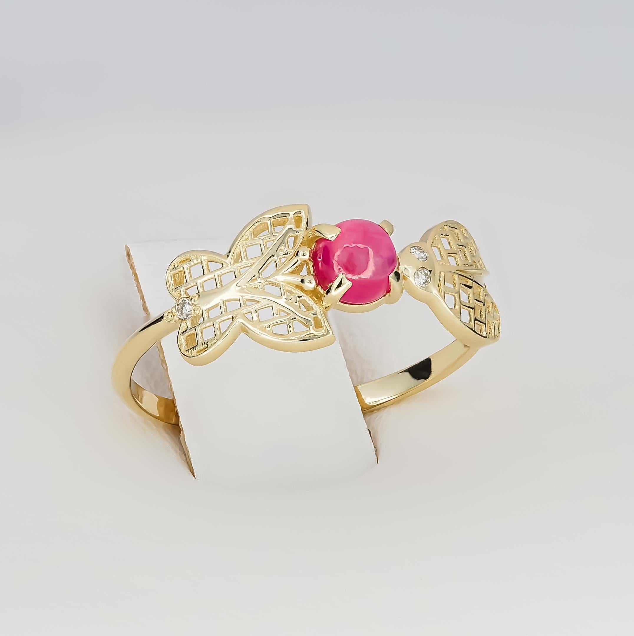 Modern 14 Karat Gold Ring with Ruby and Diamonds. July birthstone ruby ring