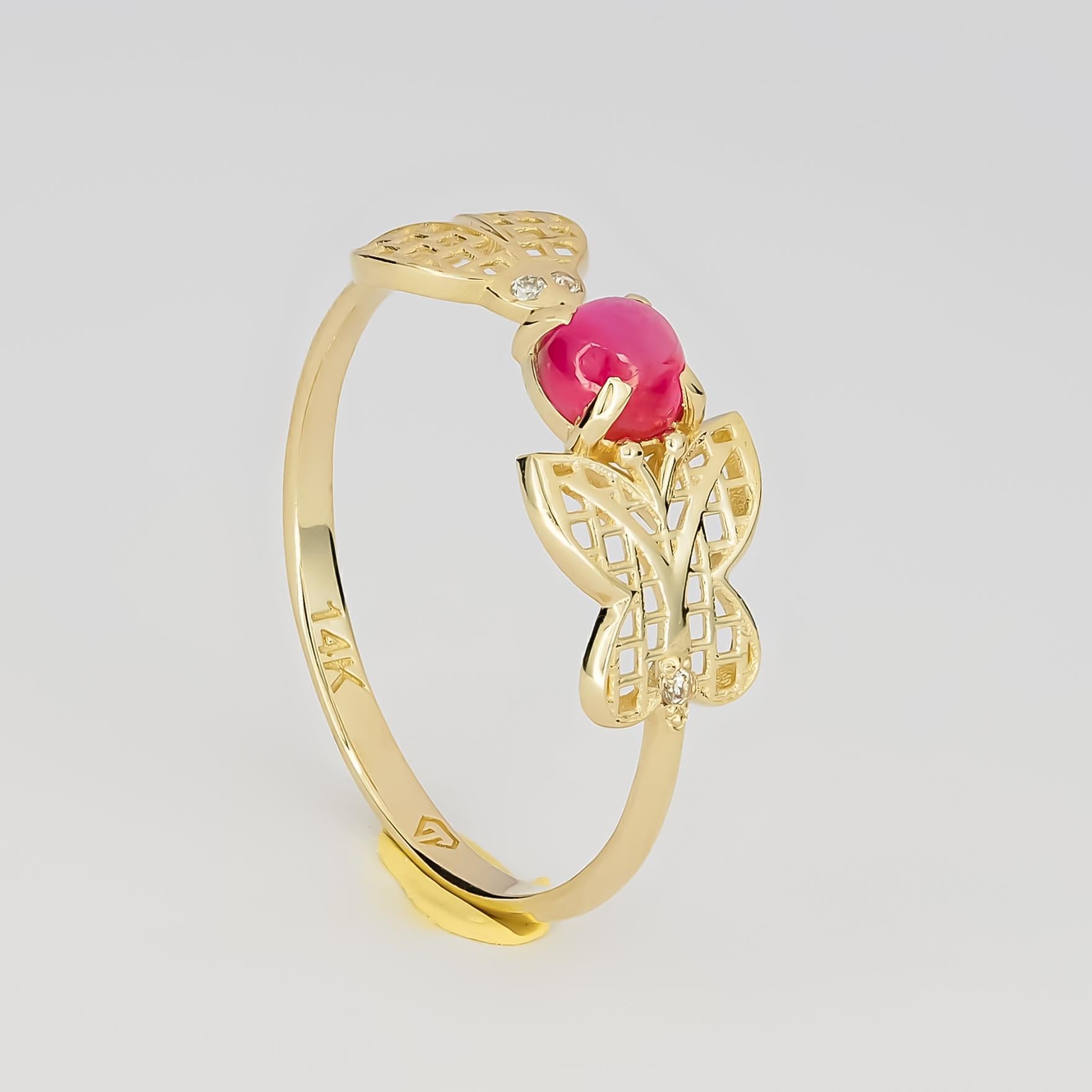 Women's 14 Karat Gold Ring with Ruby and Diamonds. July birthstone ruby ring