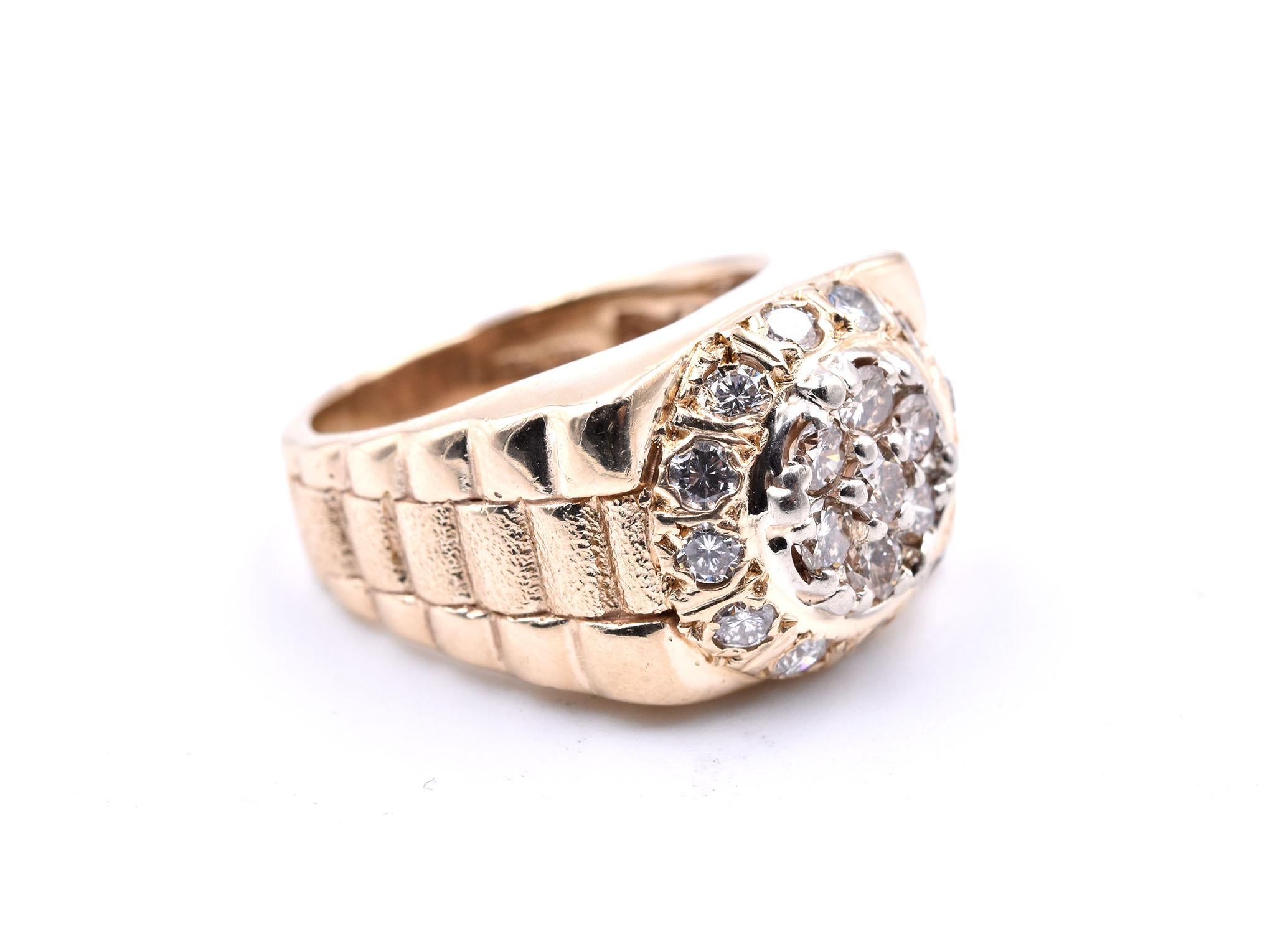 Designer: custom design
Material: 14k yellow gold
Diamonds: 19 round brilliant cut= 1.25cttw
Color: J
Clarity: SI1
Size: 8 1/4 (please allow two additional shipping days for sizing requests)
Dimensions: ring measures 22.5mm in width and 28.60mm in
