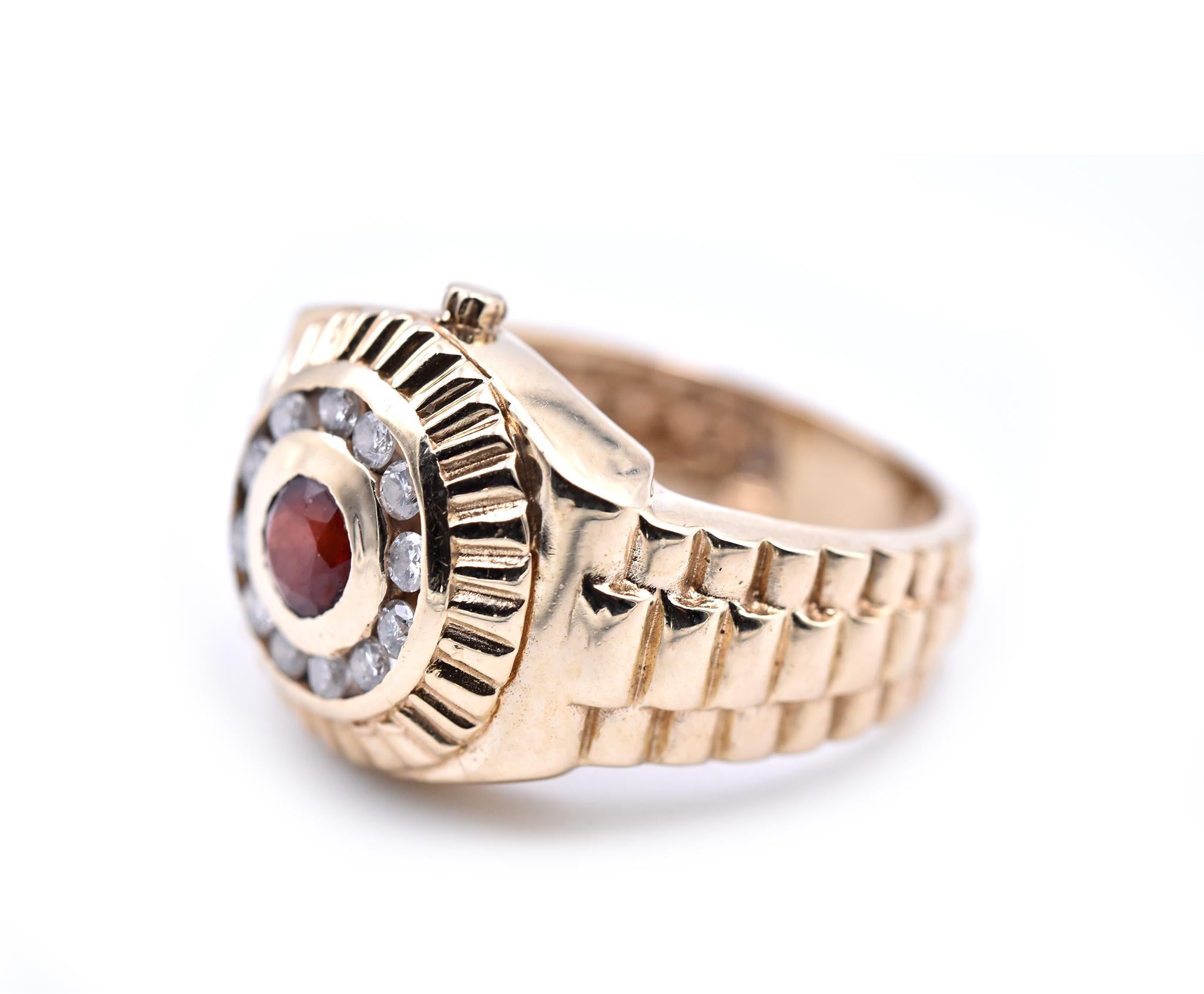 Designer: custom design
Material: 14k yellow gold
Center Stone: 1 Ruby = 0.25ct
Diamonds: 12d = 0.25cttw
Color: G
Clarity: SI1
Dimensions: ring measures 23.38mm in height and 21.01mm in width
Ring Size: 5 1/2 (please allow two additional shipping