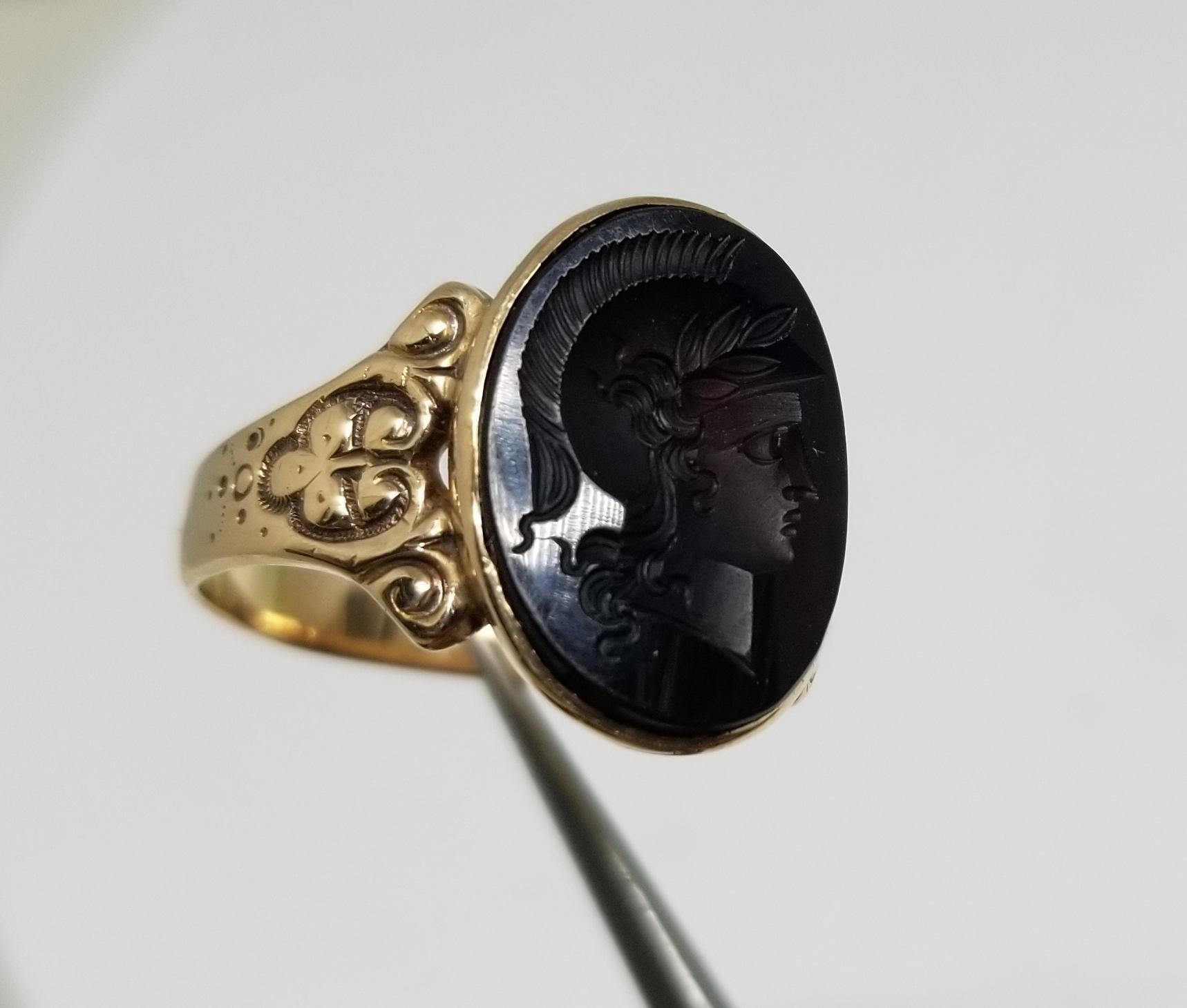 14k yellow gold Roman Head carved black onyx ring, ring size is 9.5