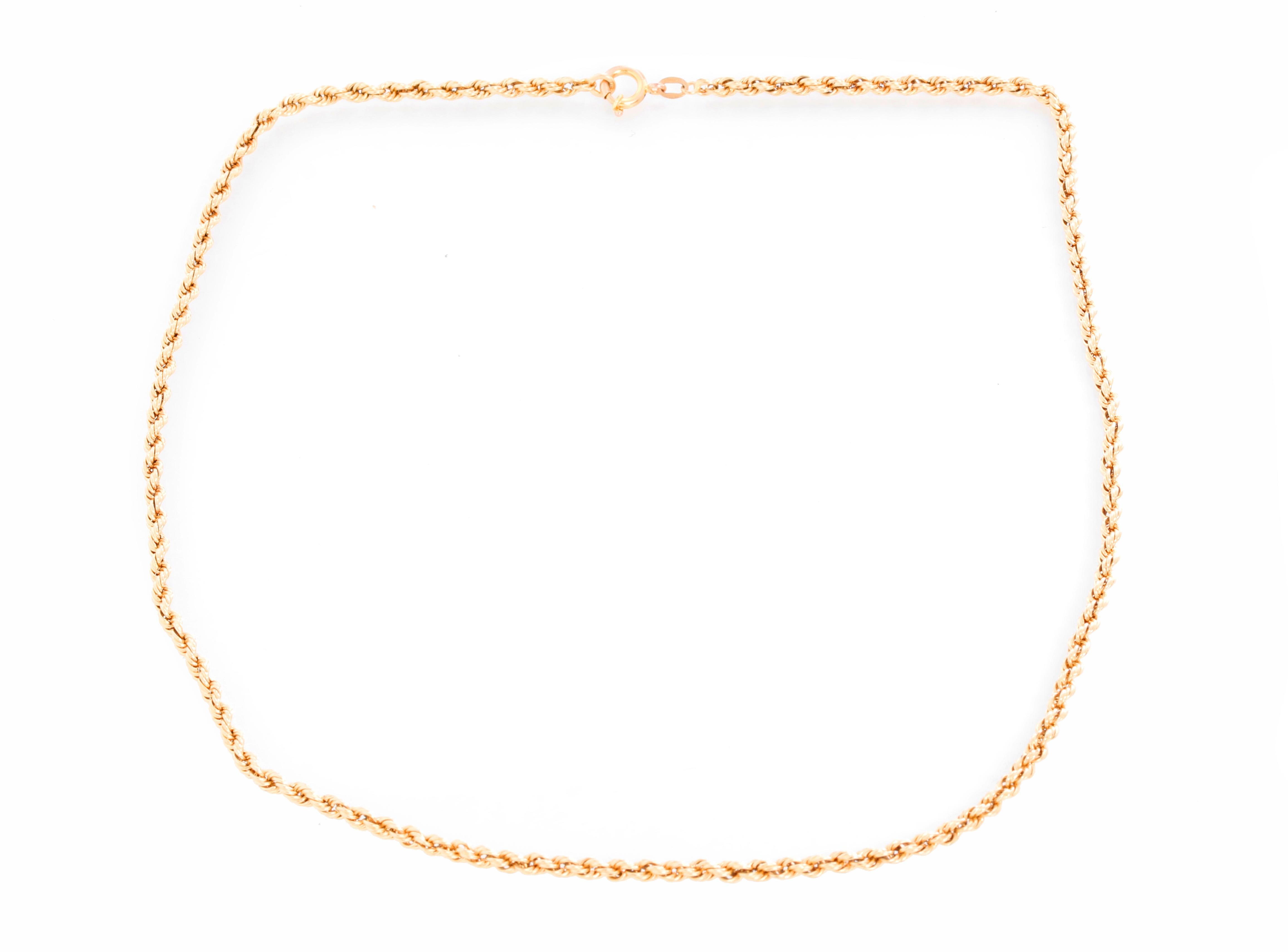 14K Yellow Gold Rope Chain - Measuring 18 inches. Total weight 7.5 grams. Perfect for a pendant or to wear by itself. Stamped 14 K .
