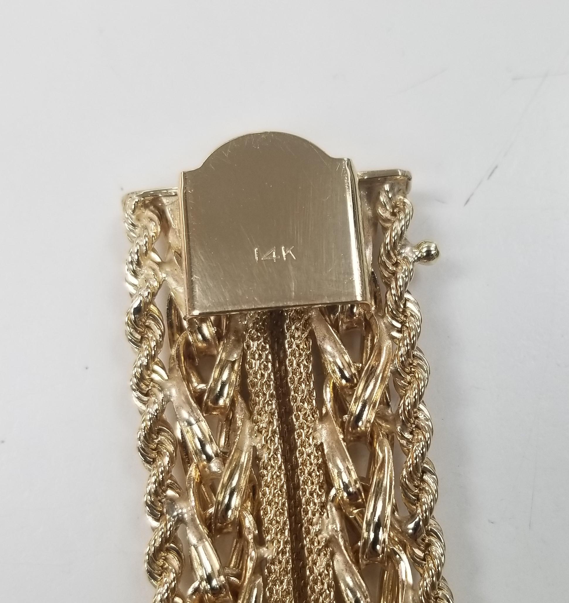 14 Karat Yellow Gold Rope, Link and Mesh Wide Bracelet In Excellent Condition For Sale In Los Angeles, CA