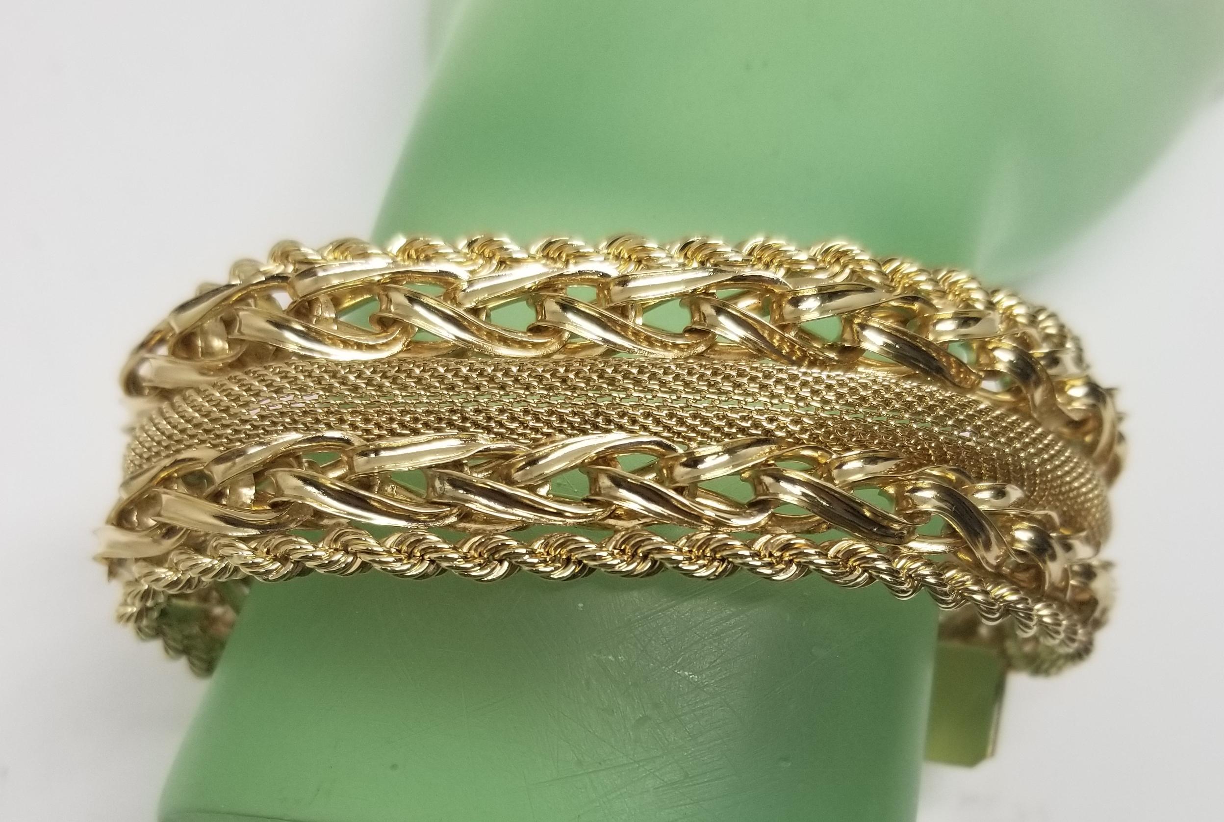 Women's or Men's 14 Karat Yellow Gold Rope, Link and Mesh Wide Bracelet For Sale