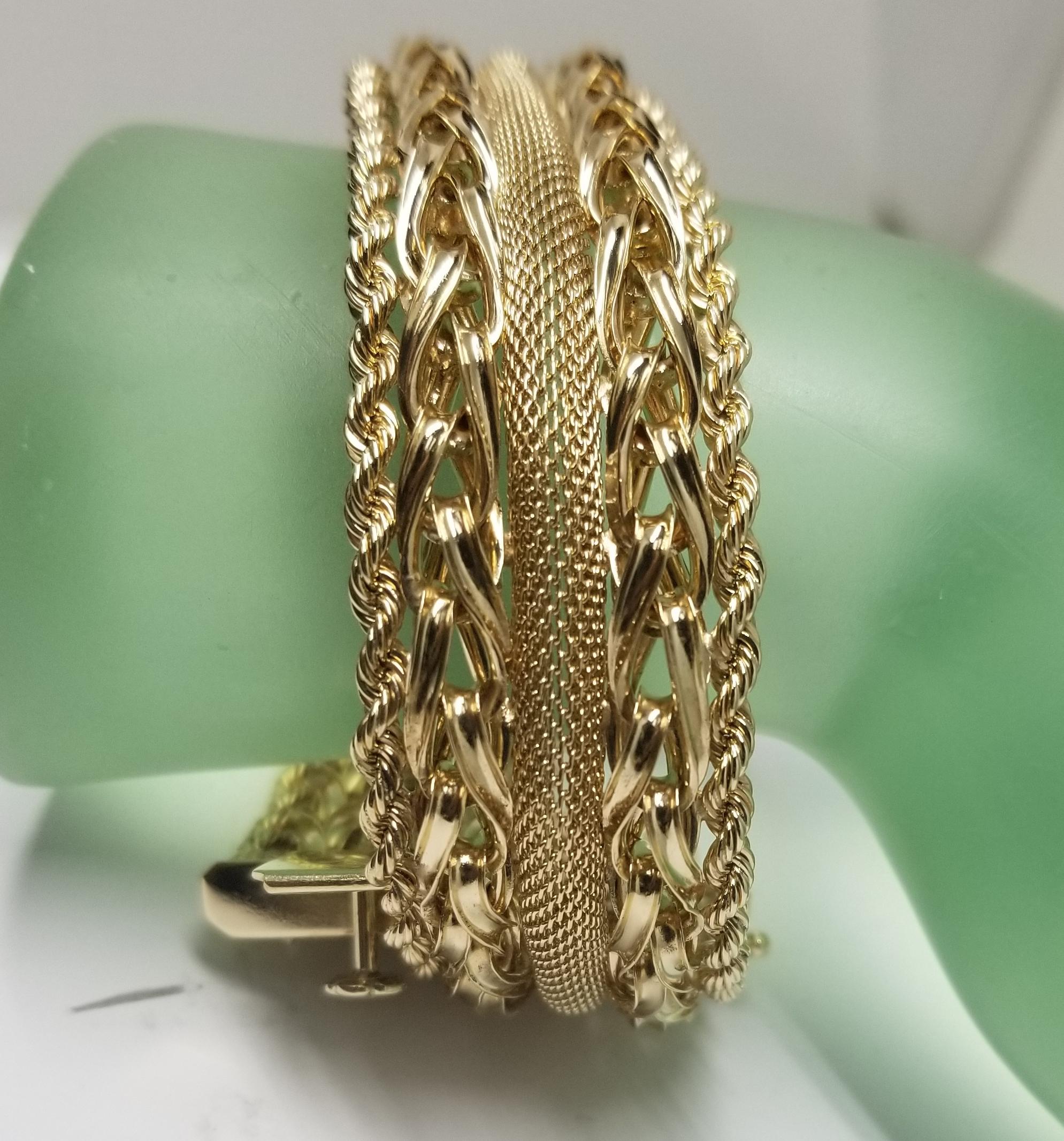 14 Karat Yellow Gold Rope, Link and Mesh Wide Bracelet For Sale 1