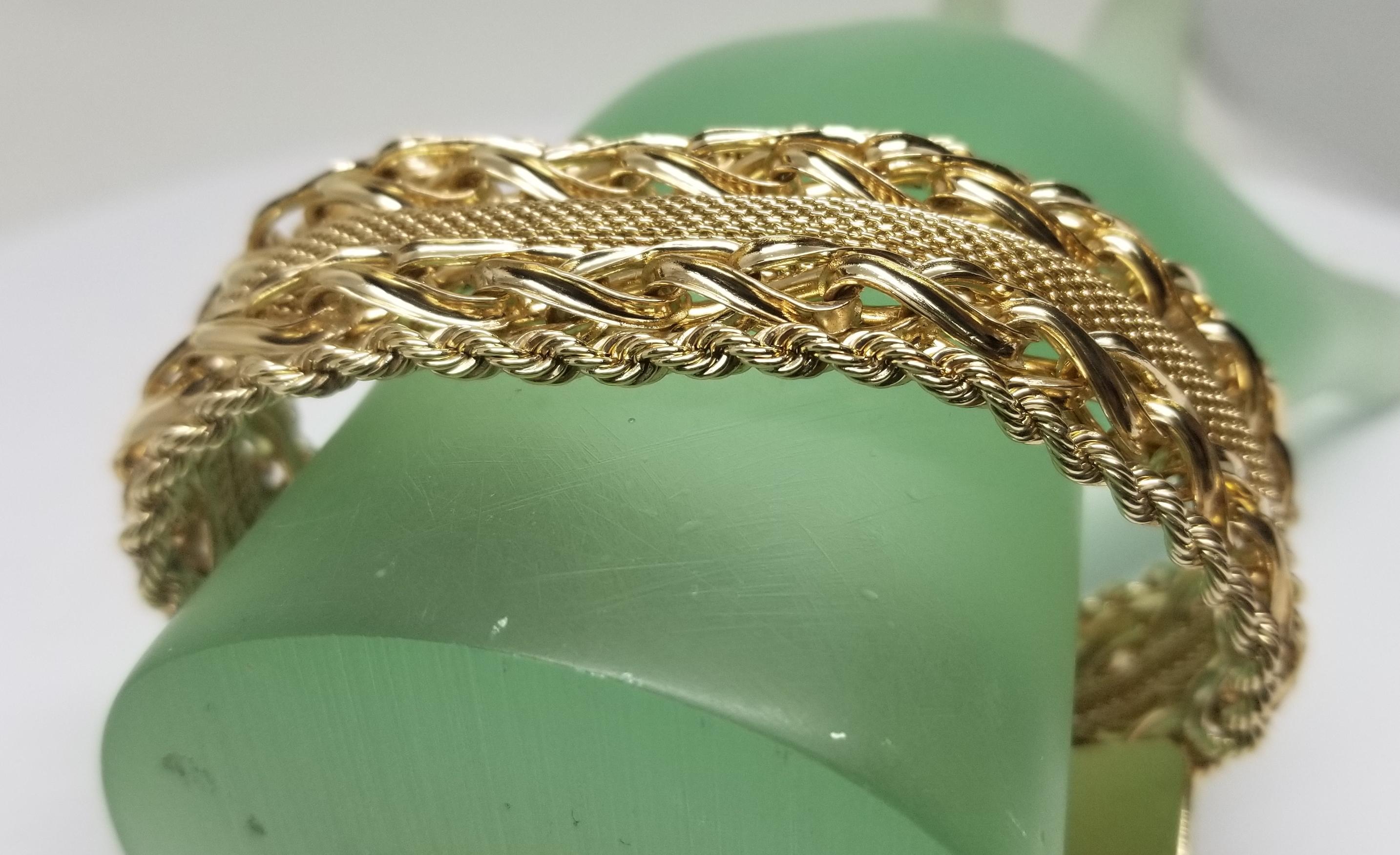 14 Karat Yellow Gold Rope, Link and Mesh Wide Bracelet For Sale 2