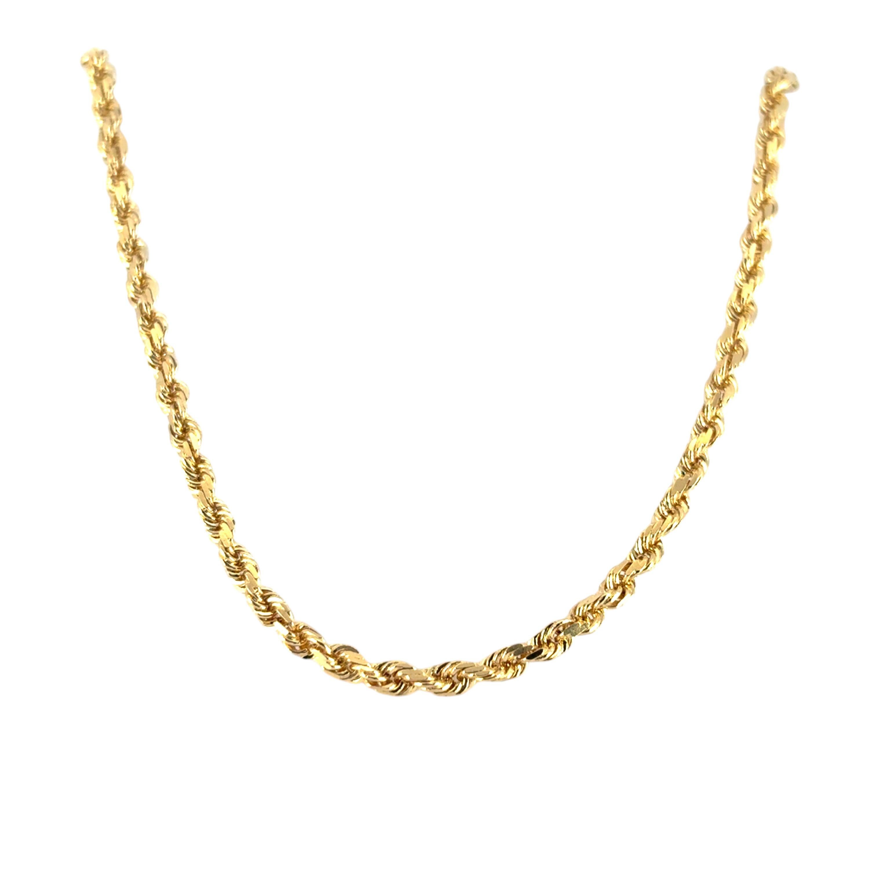 This 14k Yellow Gold Rope Necklace is in excellent condition and is ready to ship!

Material: 14K Yellow Gold
Design: Rope
Clasp: Tongue in Box Clasp
Measurements: 36