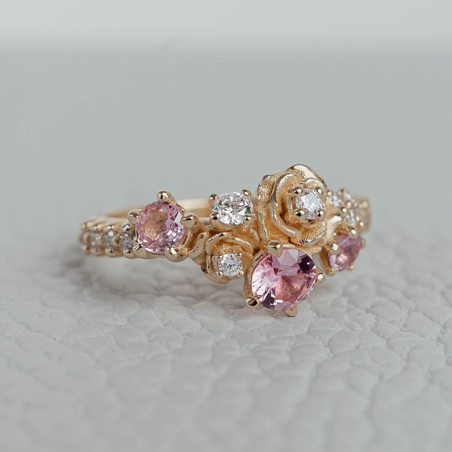 For Sale:  14k Yellow Gold Rose Blossom Pink Sapphire & Natural Diamond Ring 6