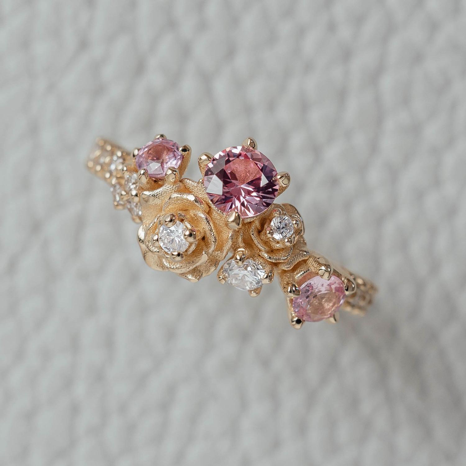 For Sale:  14k Yellow Gold Rose Blossom Pink Sapphire & Natural Diamond Ring 7