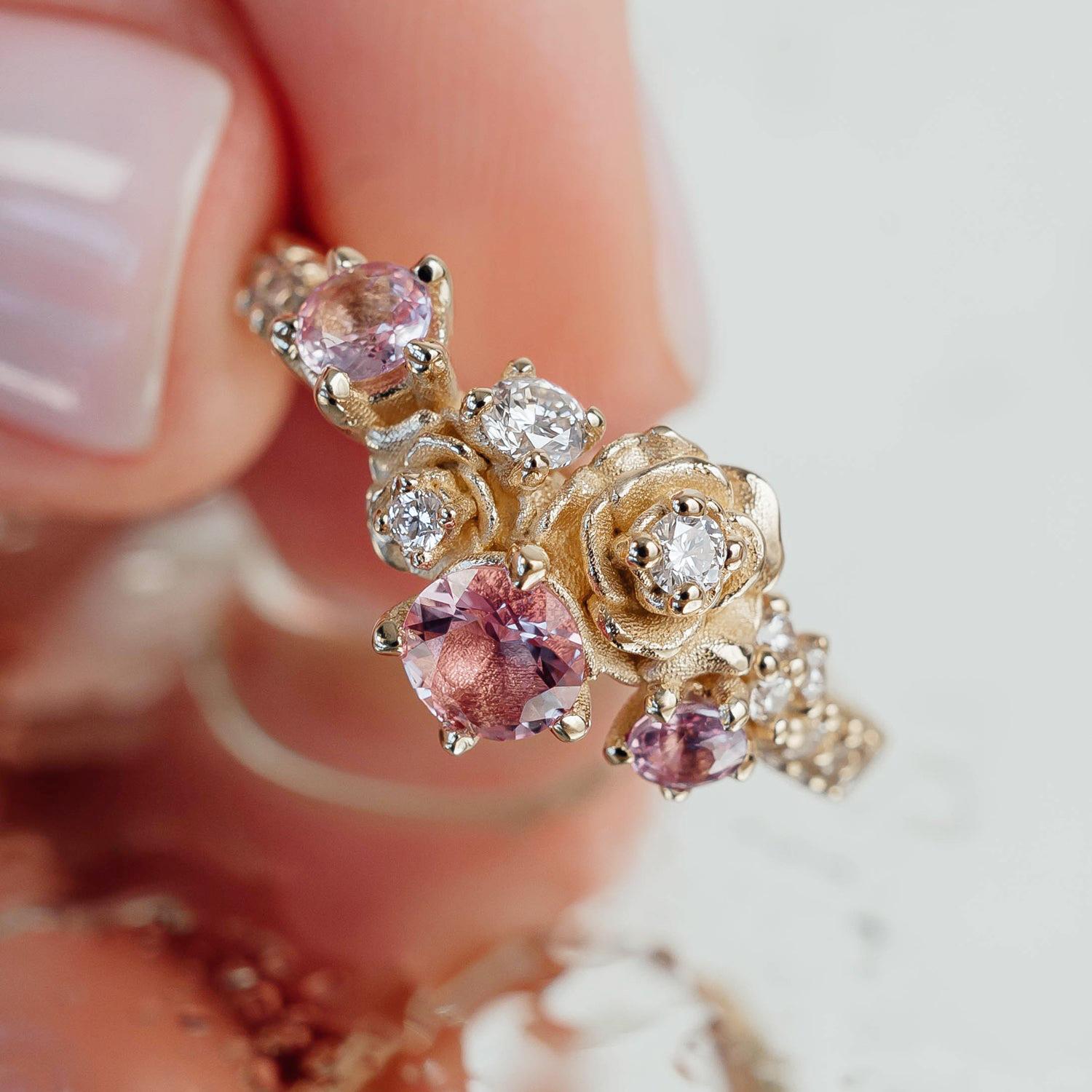 For Sale:  14k Yellow Gold Rose Blossom Pink Sapphire & Natural Diamond Ring 8