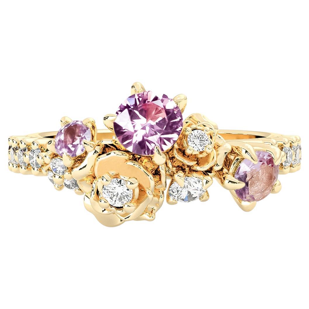 Ring aus 14 Karat Gelbgold mit rosa Rosenblüten-Saphir und natürlichem Diamant