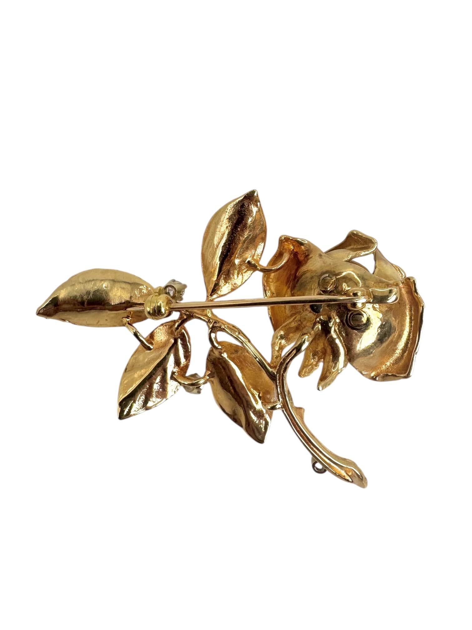 da uomo o donna Spilla a forma di rosa in oro giallo 14K con accenti di diamante in vendita