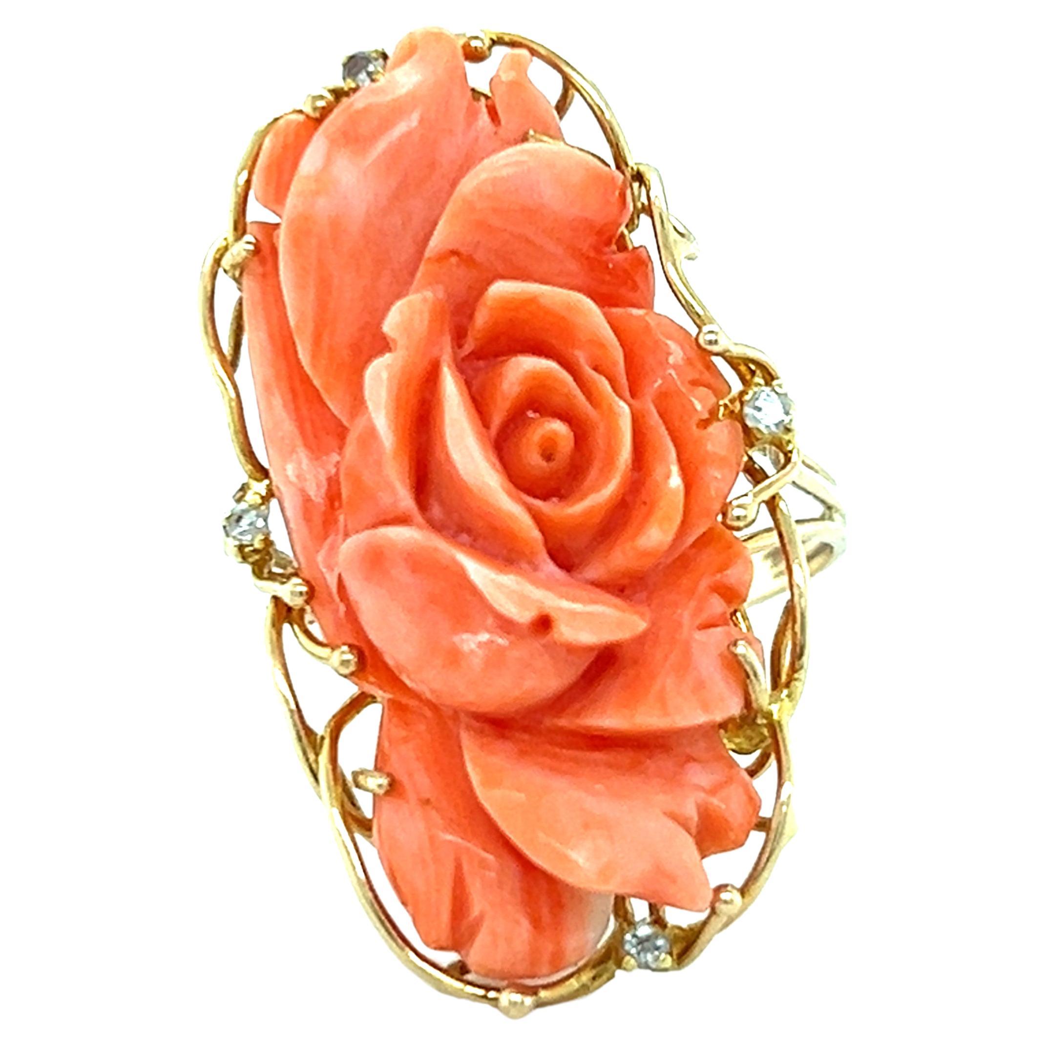 14k Yellow Gold Rose Carved Coral and Diamond Cocktail Ring