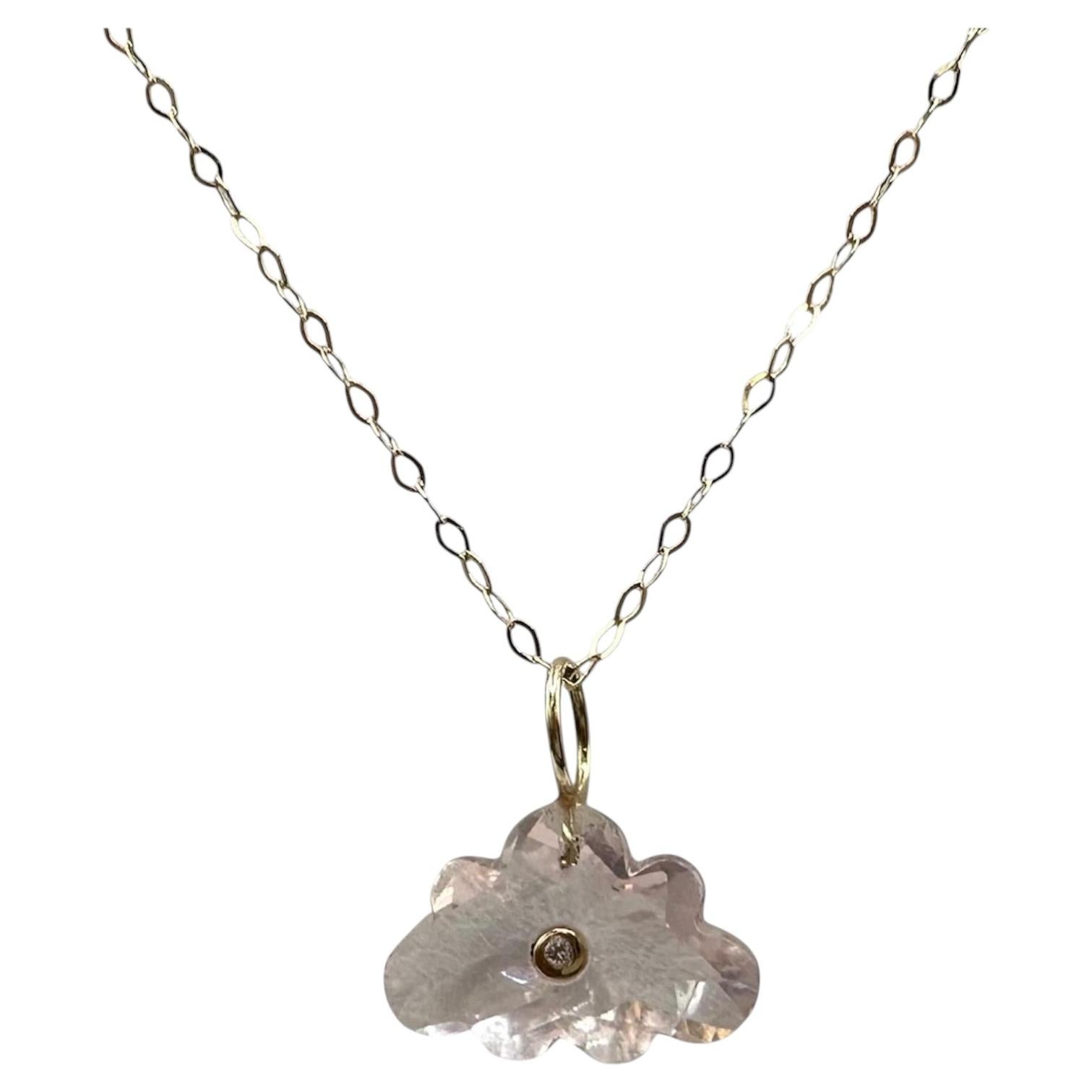Collier nuage en or jaune 14K à quartz rose et diamant 18 pouces