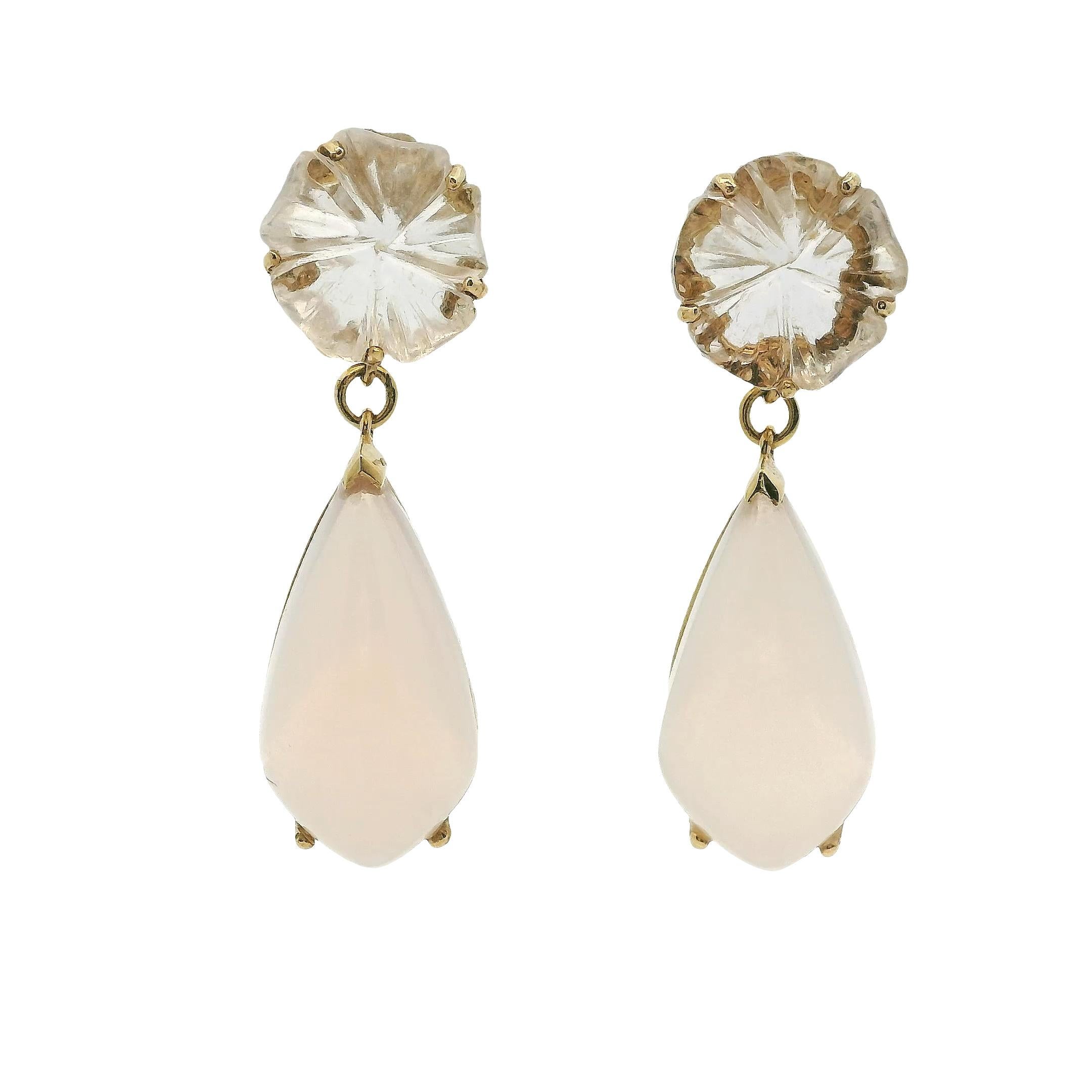 Orecchini penzolanti di quarzo bianco rosa in oro giallo 14k vintage