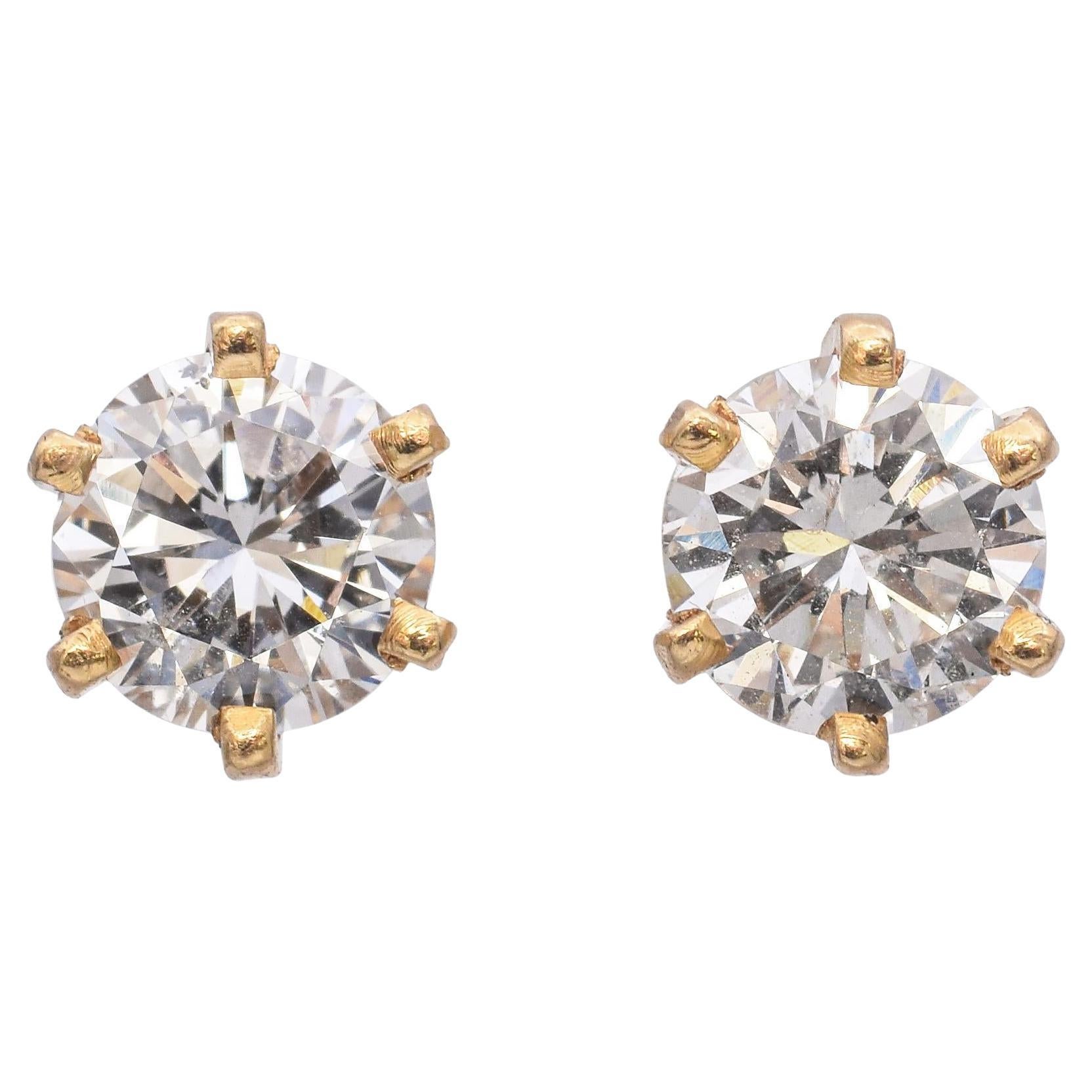 14K Yellow Gold Round 0.92 TCW Diamond Stud Earrings