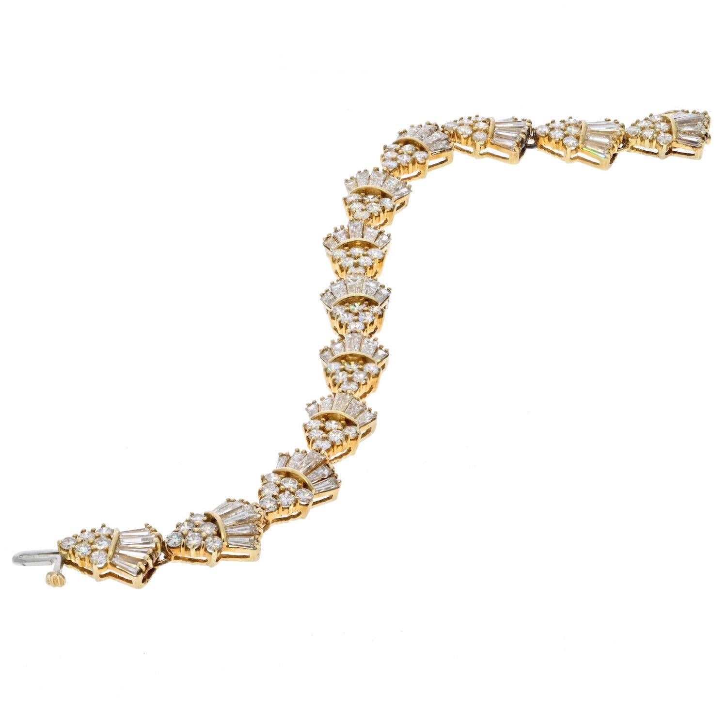 Lovely estate bracelet for someone with a small wrist size: encrusted with round and baguette cut diamonds all the way around, perfectly sparkly and looks excellent today just like it did 40 years ago.
Closed with the box clasp. 
Bracelet