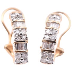 14 Karat Gold Round and Baguette Diamond Fish Hook Earrings with Omega Backs