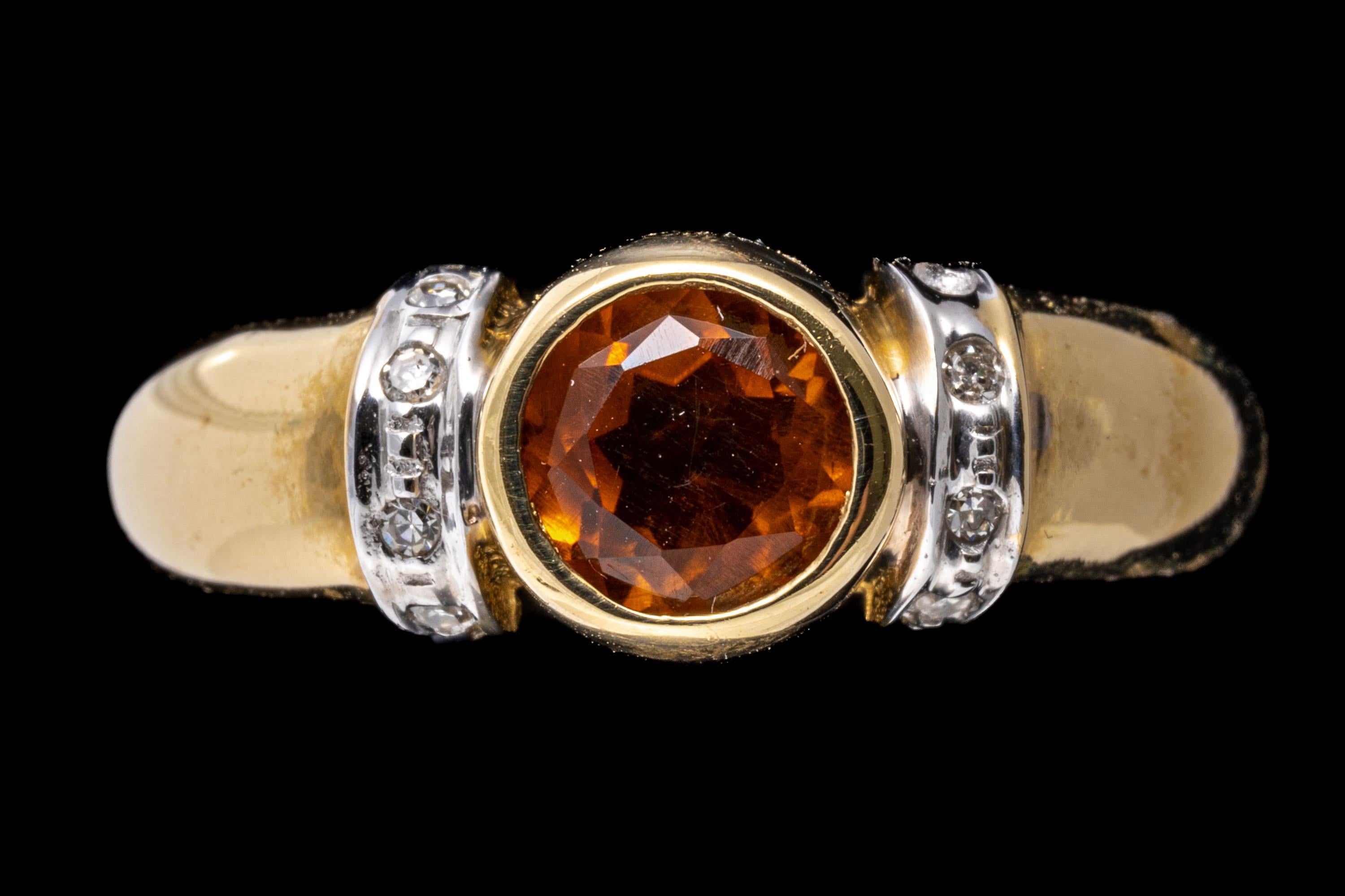 Contemporary 14k Yellow Gold Round Bezel Set Citrine And Diamond Ring For Sale